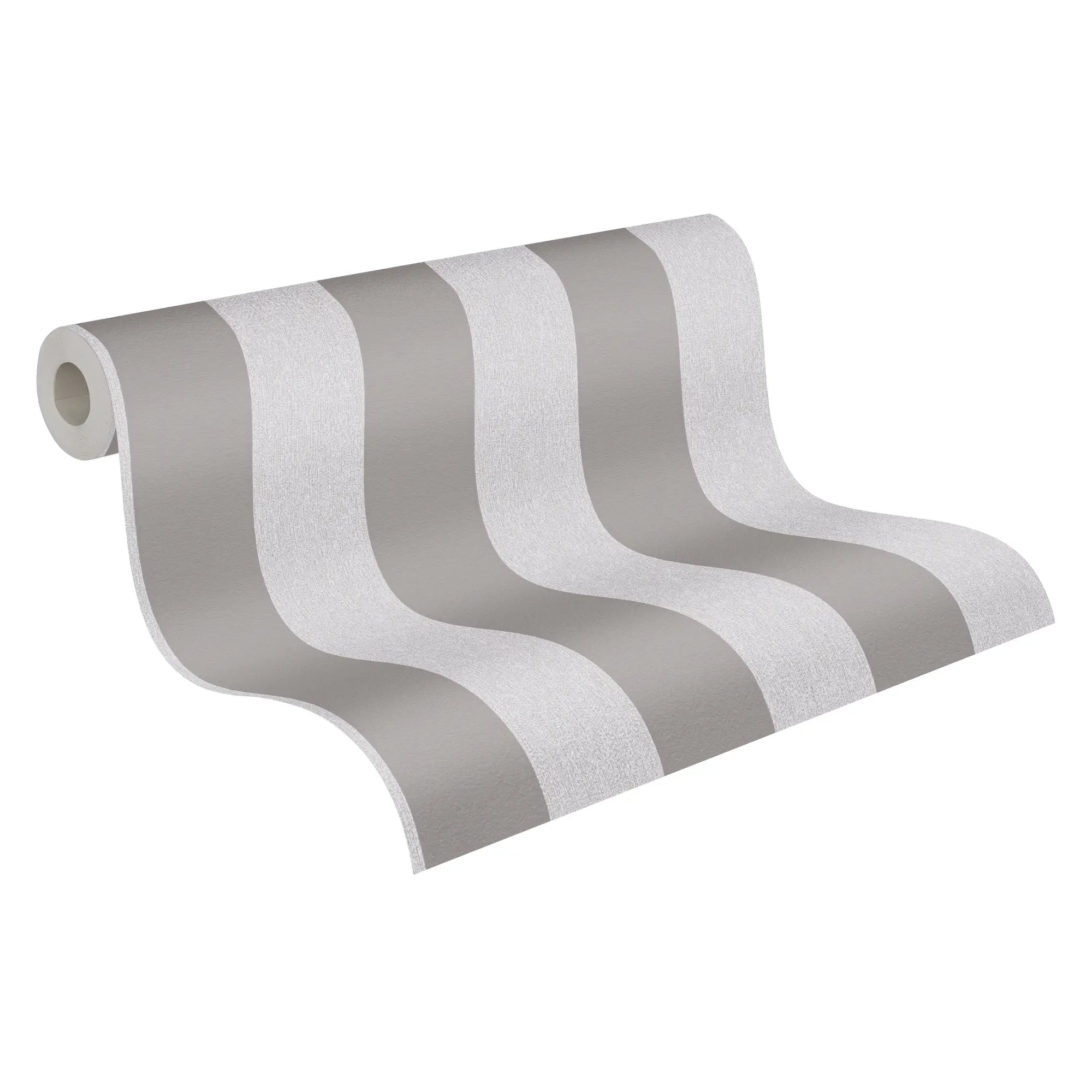 Rulle af gråt og hvidt stribet tapet fra Serene Stripes - Calm kollektionen tilgængelig på Nicetapet.dk.