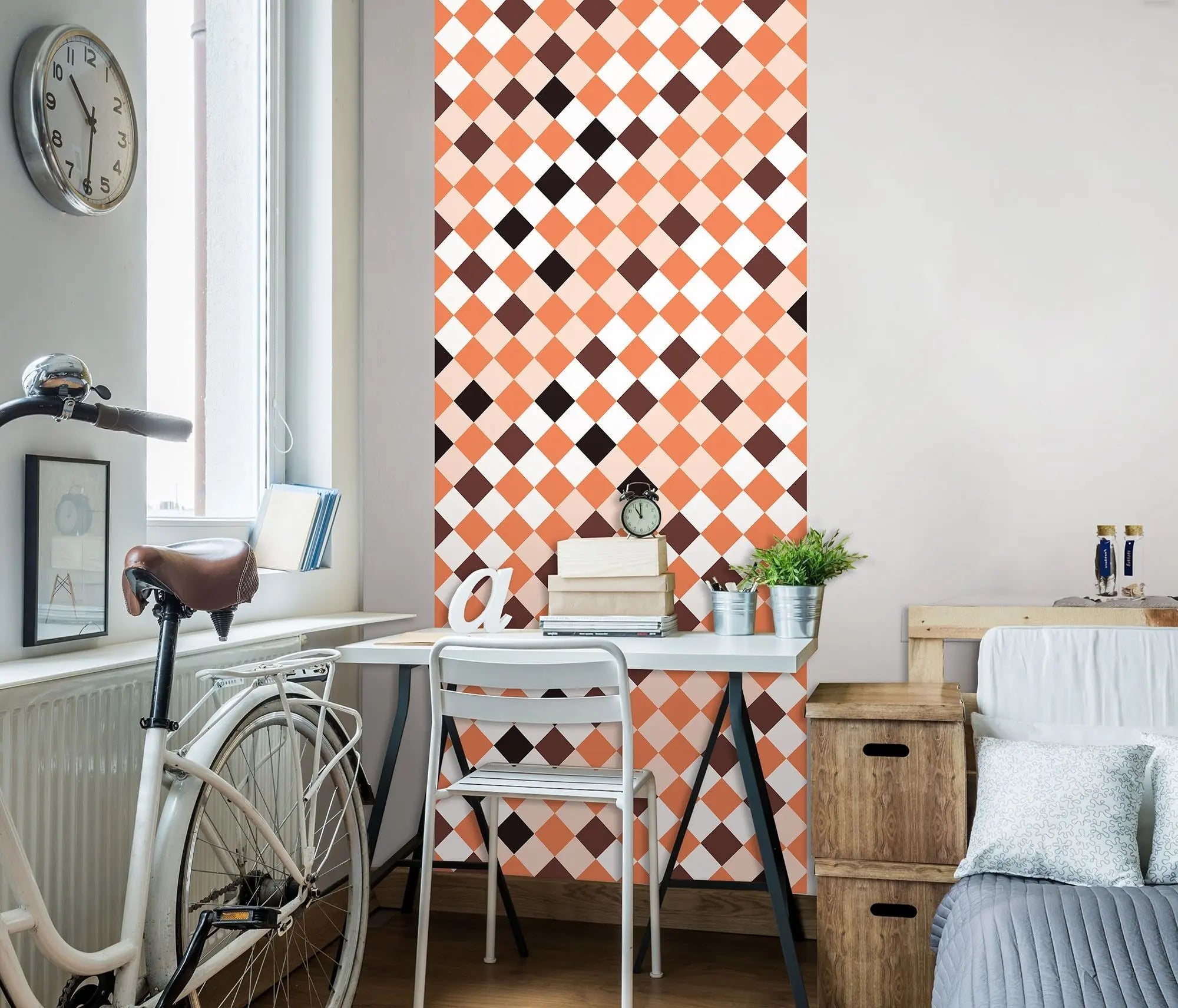 Billede 4 af Fototapet - Skakternet mønster i orange-brune nuancer