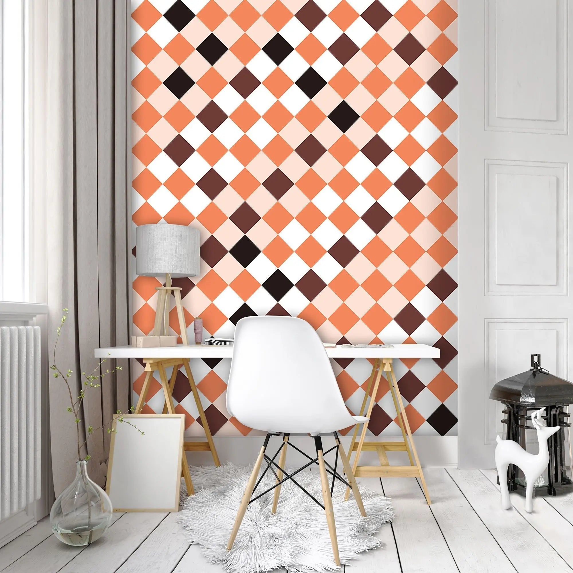 Billede 8 af Fototapet - Skakternet mønster i orange-brune nuancer