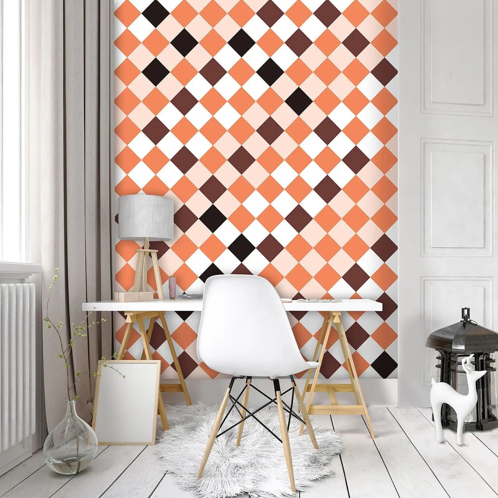 Billede 9 af Fototapet - Skakternet mønster i orange-brune nuancer