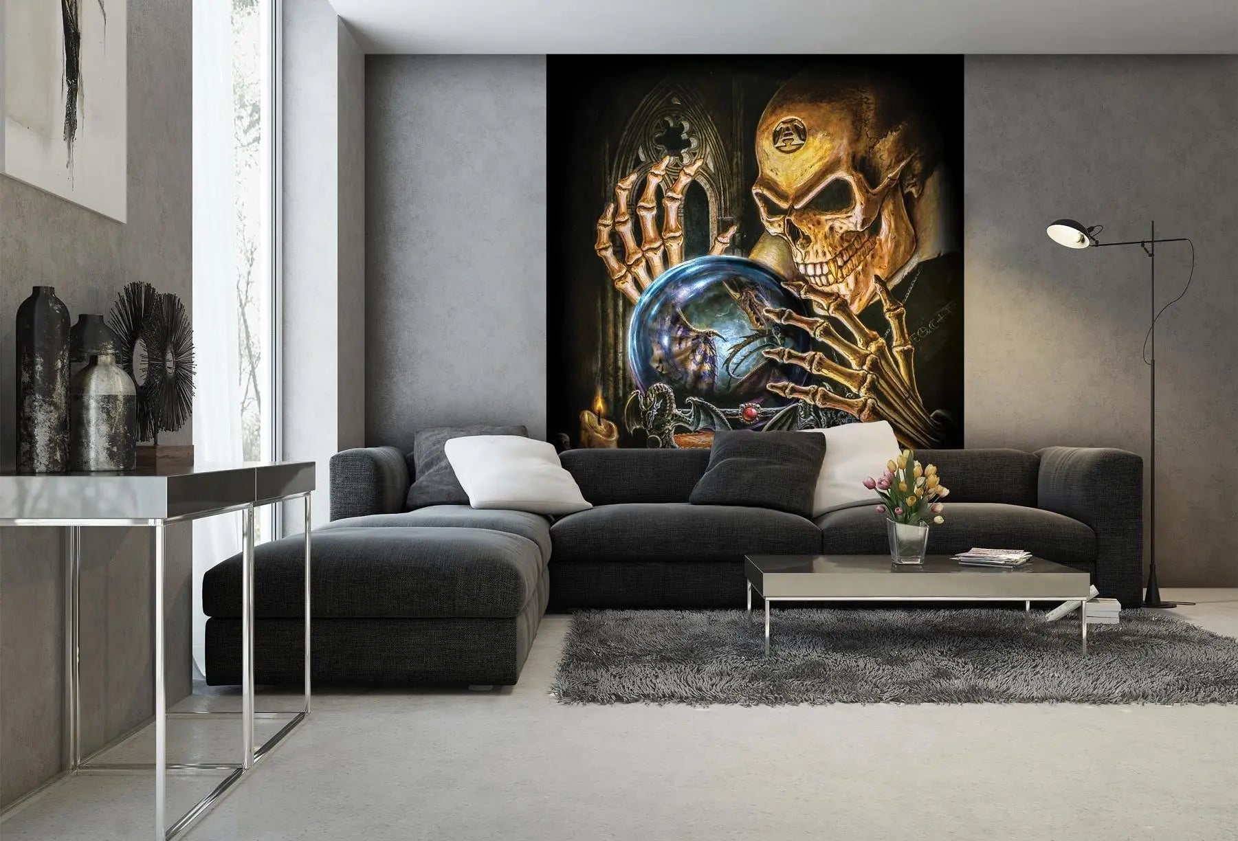 Billede 10 af Fototapet - Skelet med kranium og krystalkugle med drage