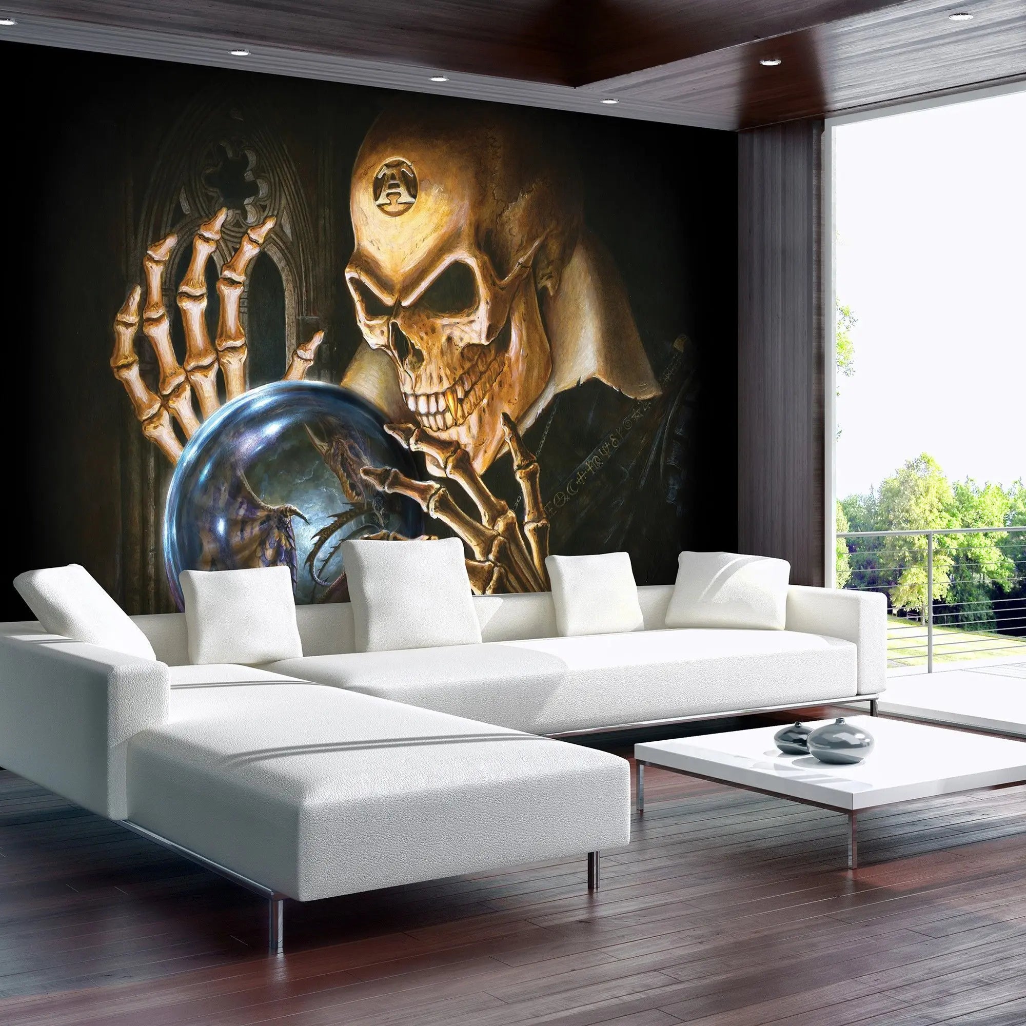 Billede 3 af Fototapet - Skelet med kranium og krystalkugle med drage