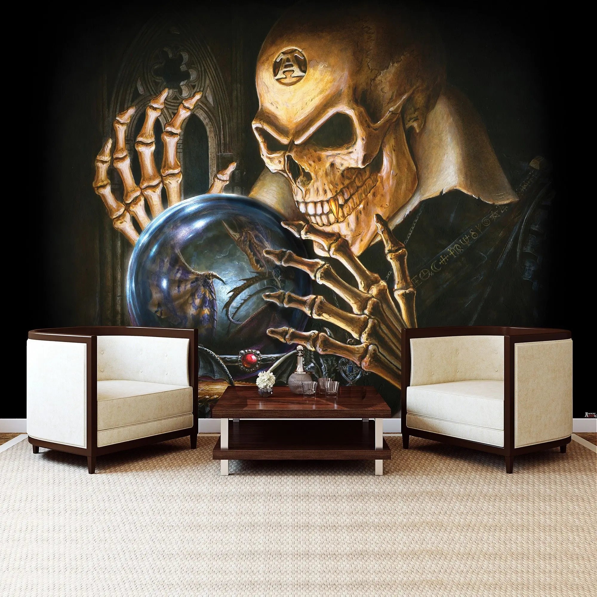 Billede 4 af Fototapet - Skelet med kranium og krystalkugle med drage