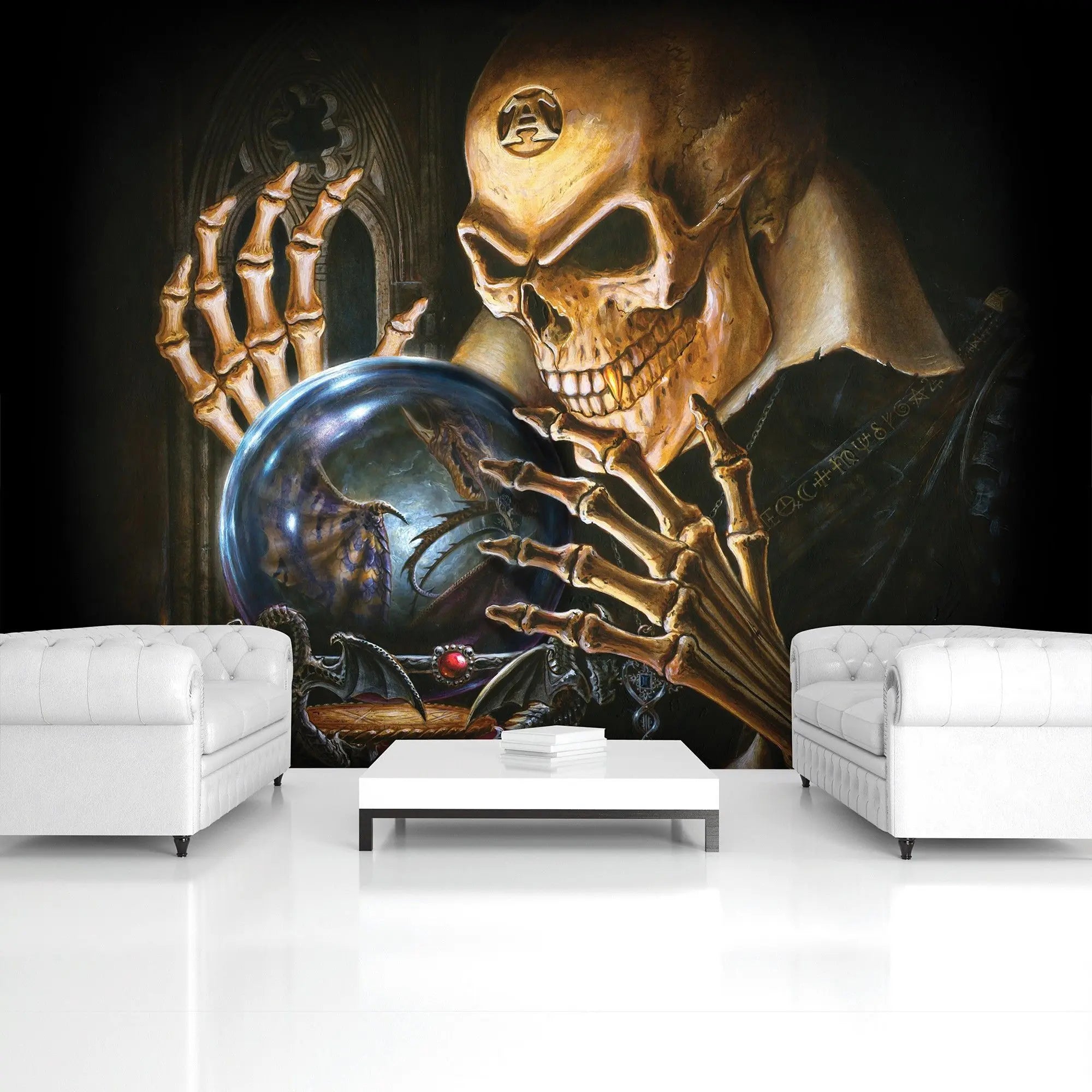 Billede 5 af Fototapet - Skelet med kranium og krystalkugle med drage