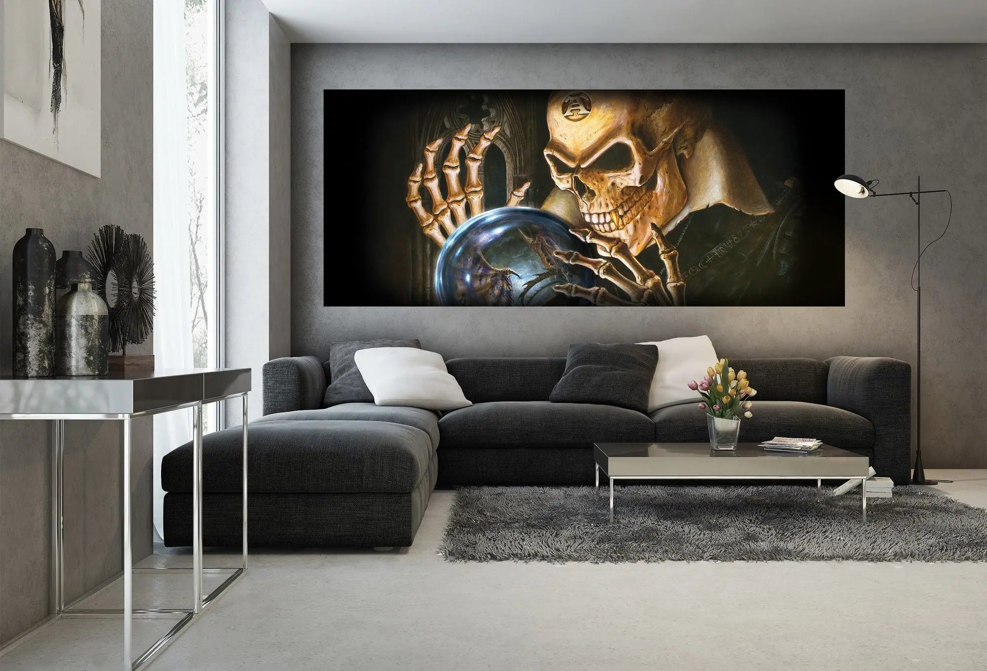 Billede 6 af Fototapet - Skelet med kranium og krystalkugle med drage