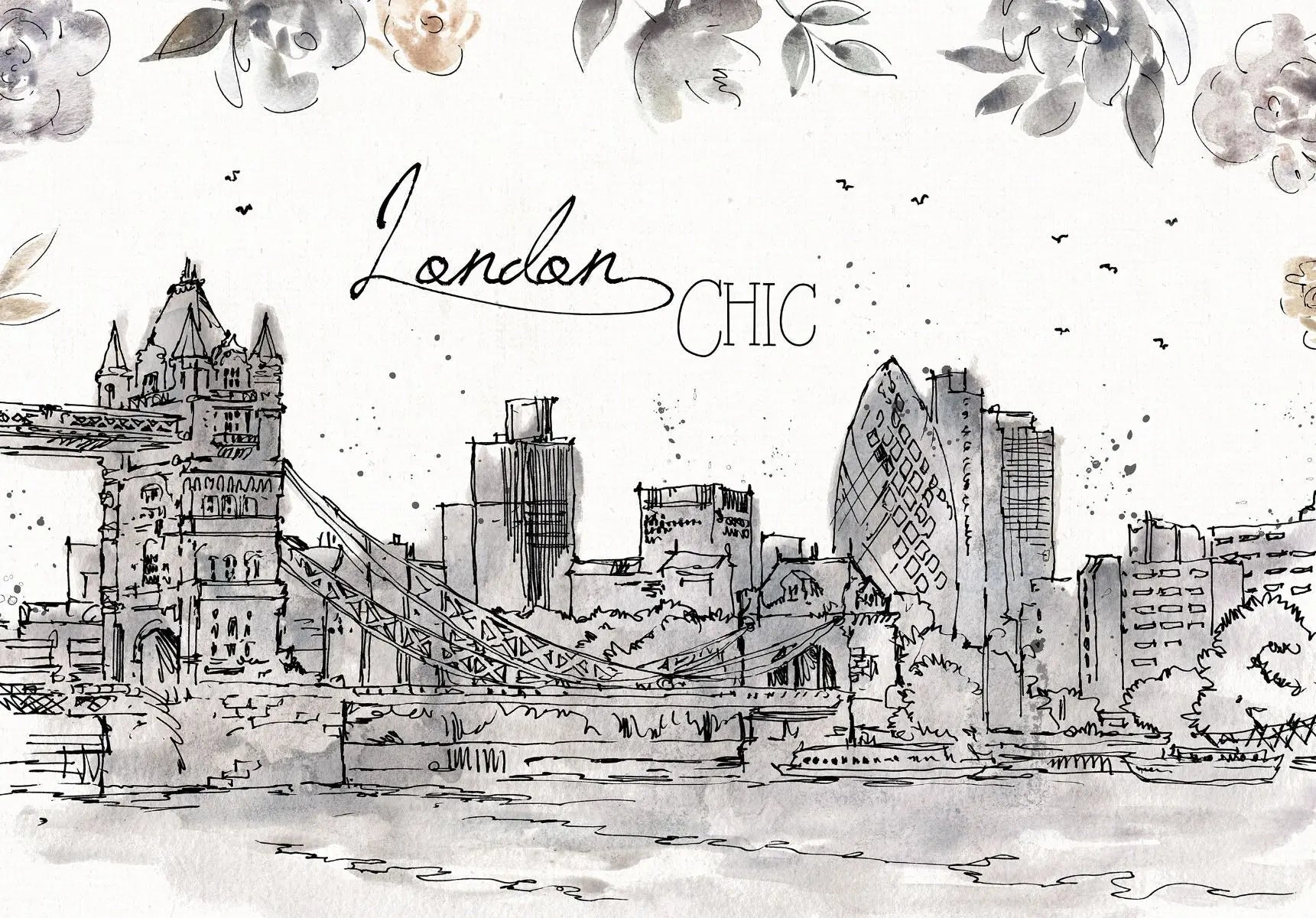 Billede 1 af Fototapet - Skitse af London med Tower Bridge og moderne bygninger