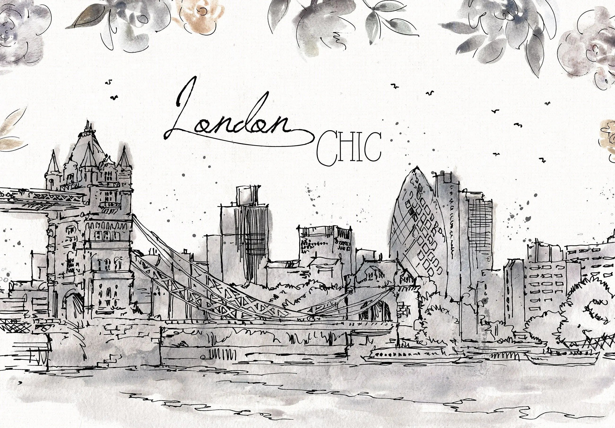 Billede 2 af Fototapet - Skitse af London med Tower Bridge og moderne bygninger