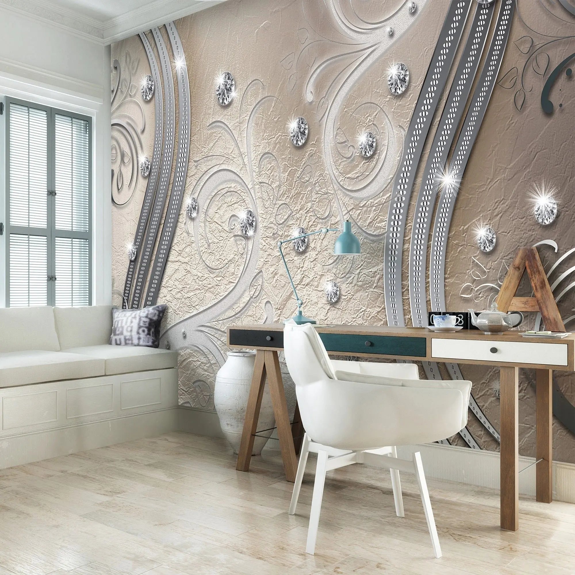 Billede 3 af Fototapet - Sølvfarvet ornamentalt mønster med glitrende sten på beige baggrund