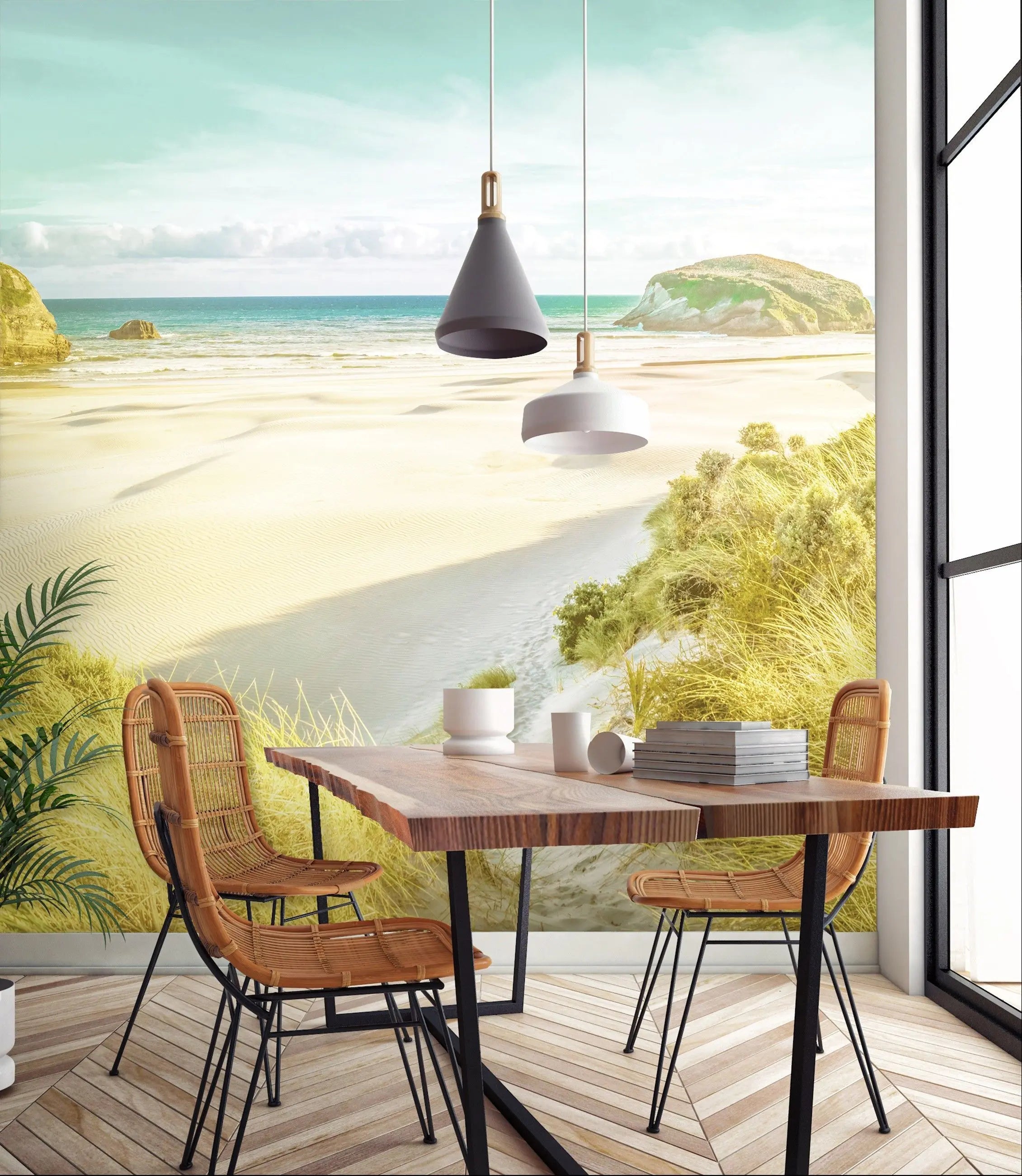 Billede 7 af Fototapet - Solbeskinnet sandstrand med klitter og klipper