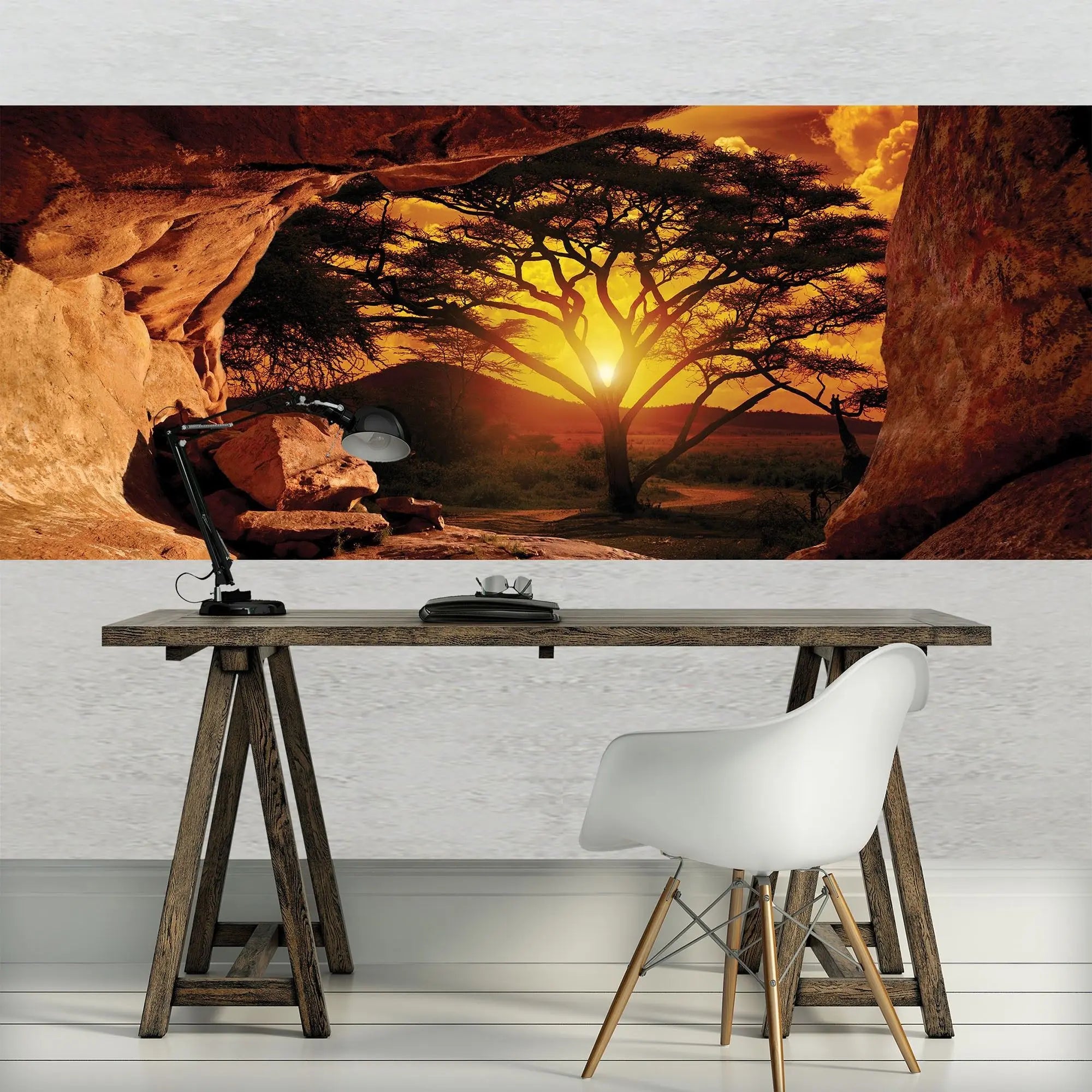 Billede 10 af Fototapet - Solnedgang bag akacietræ set fra klippehule
