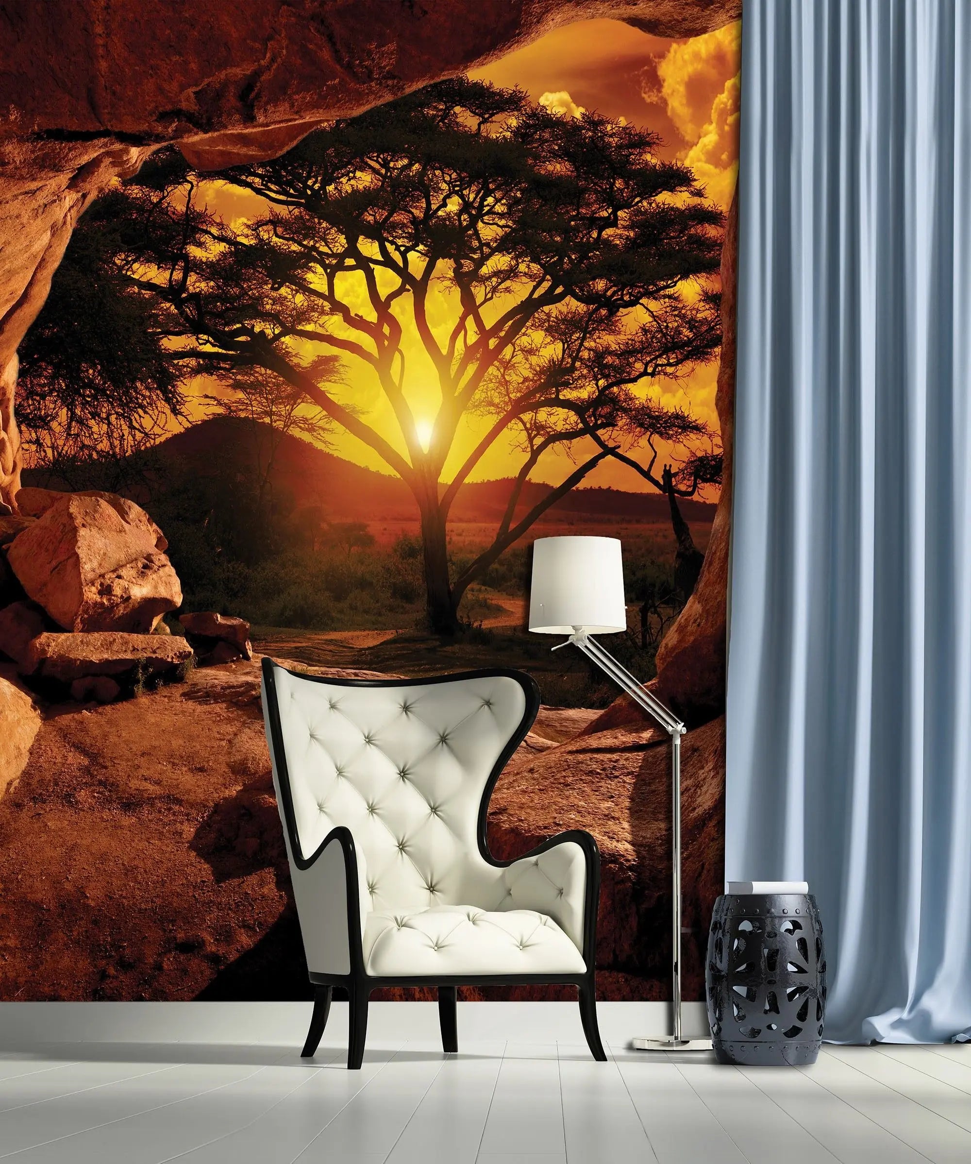 Billede 12 af Fototapet - Solnedgang bag akacietræ set fra klippehule