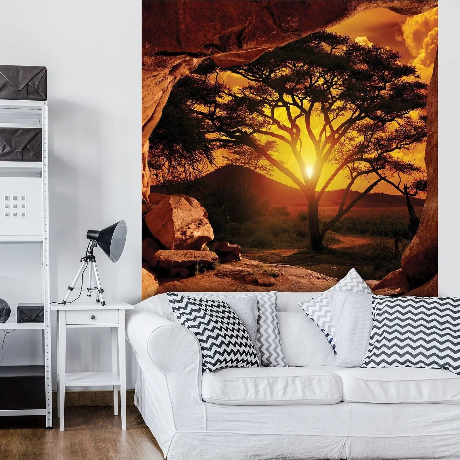 Billede 13 af Fototapet - Solnedgang bag akacietræ set fra klippehule