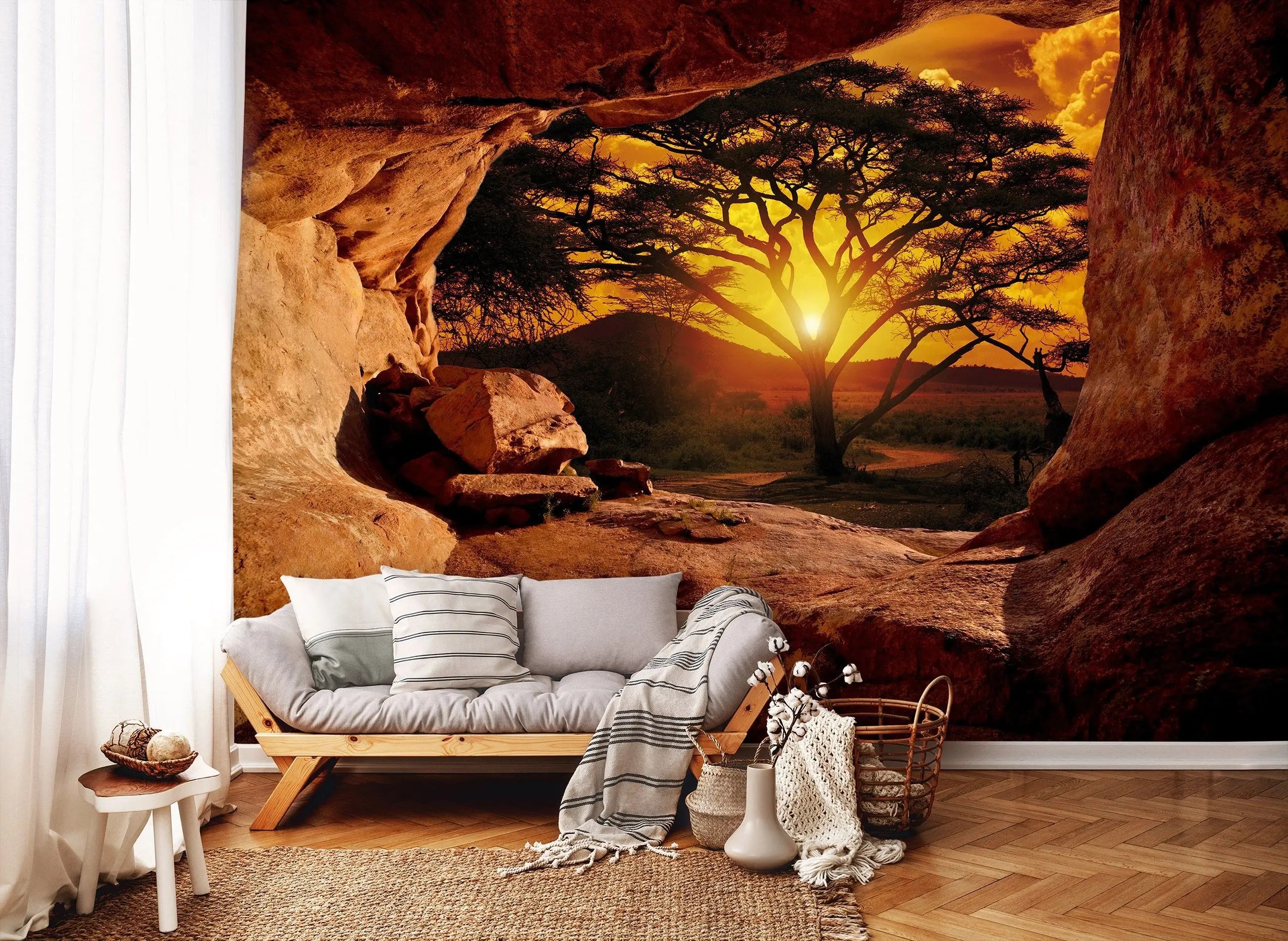 Billede 15 af Fototapet - Solnedgang bag akacietræ set fra klippehule