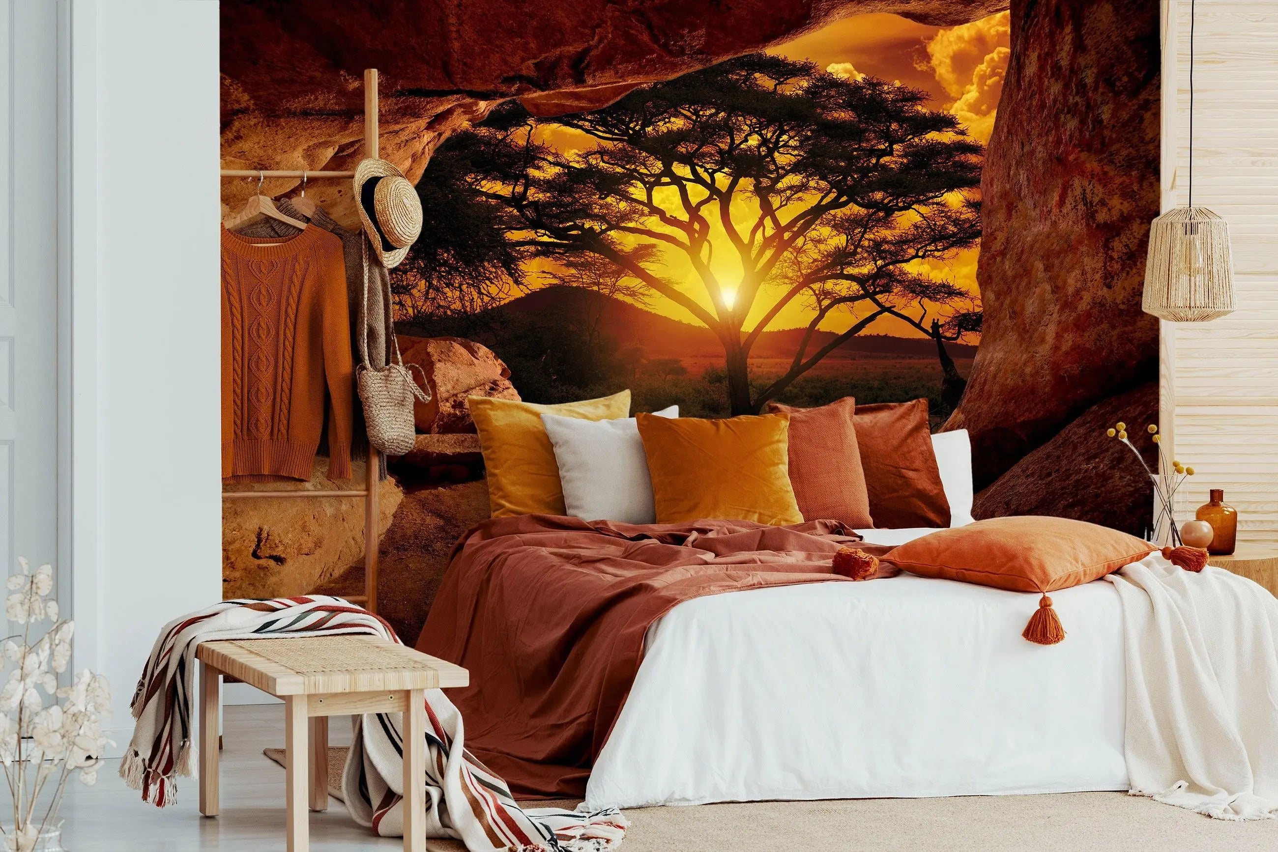 Billede 16 af Fototapet - Solnedgang bag akacietræ set fra klippehule
