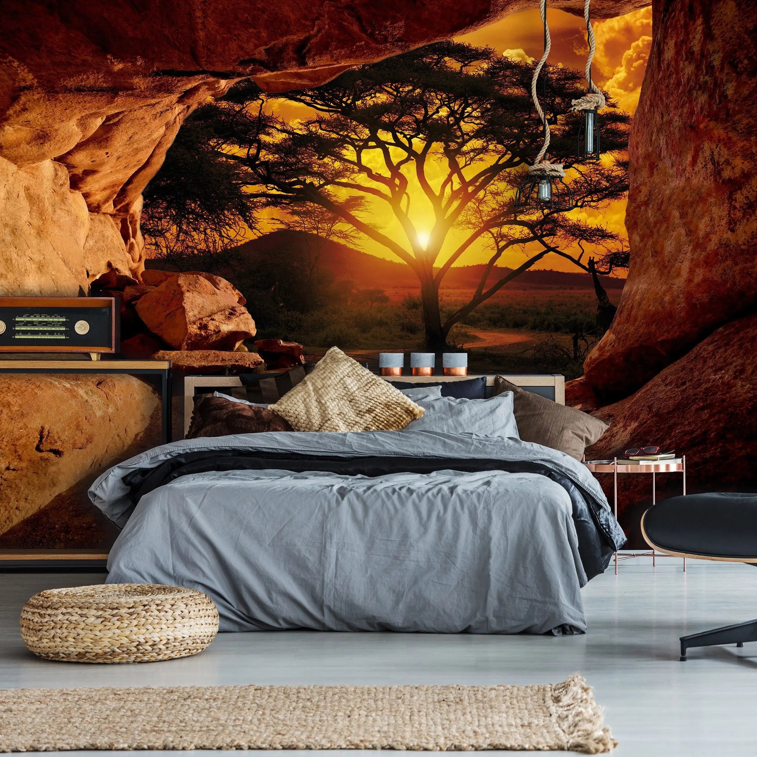 Billede 17 af Fototapet - Solnedgang bag akacietræ set fra klippehule