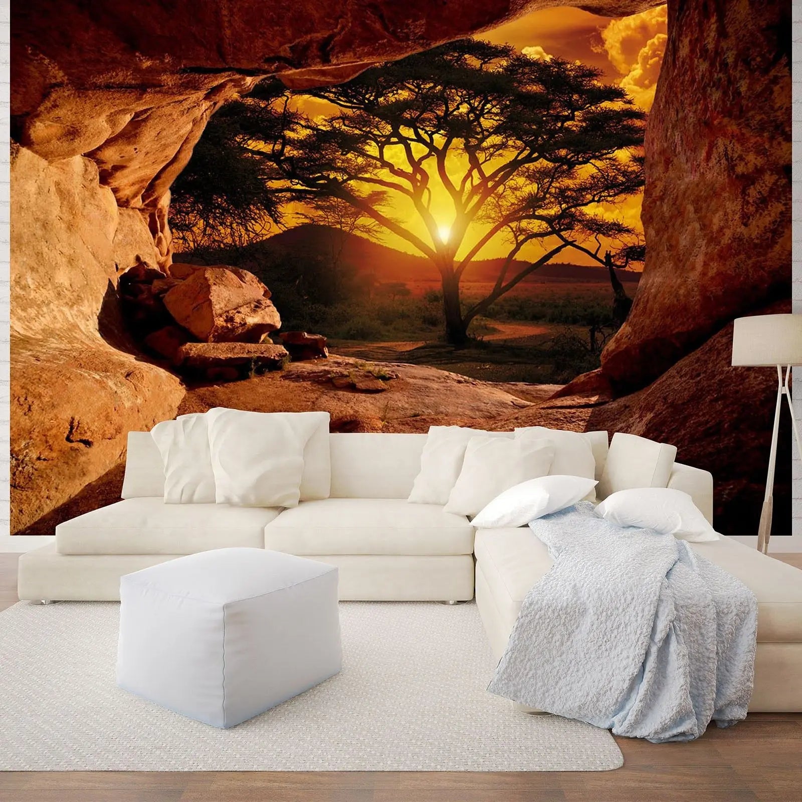 Billede 4 af Fototapet - Solnedgang bag akacietræ set fra klippehule