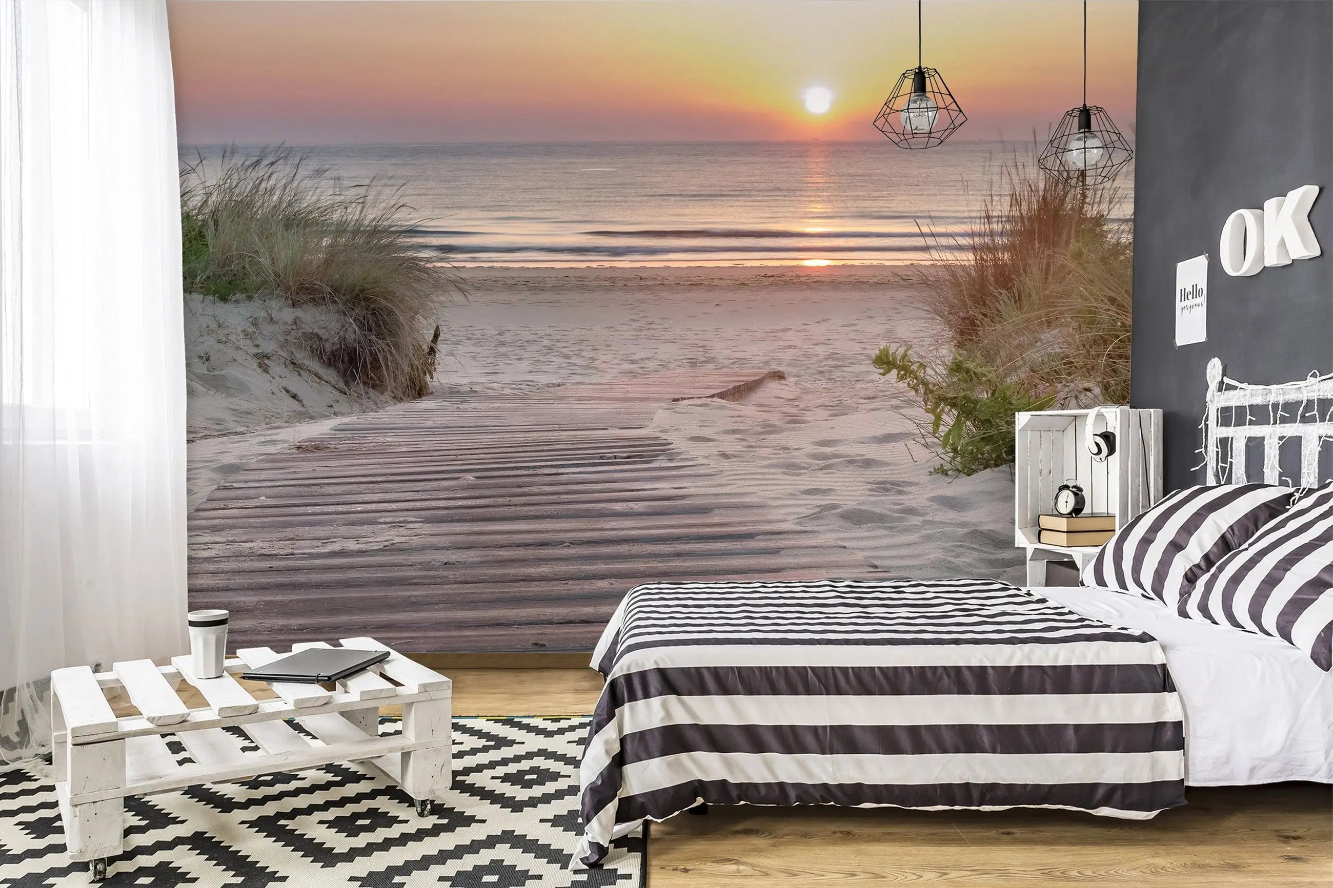 Billede 11 af Fototapet - Solnedgang over sandstrand med gangbro