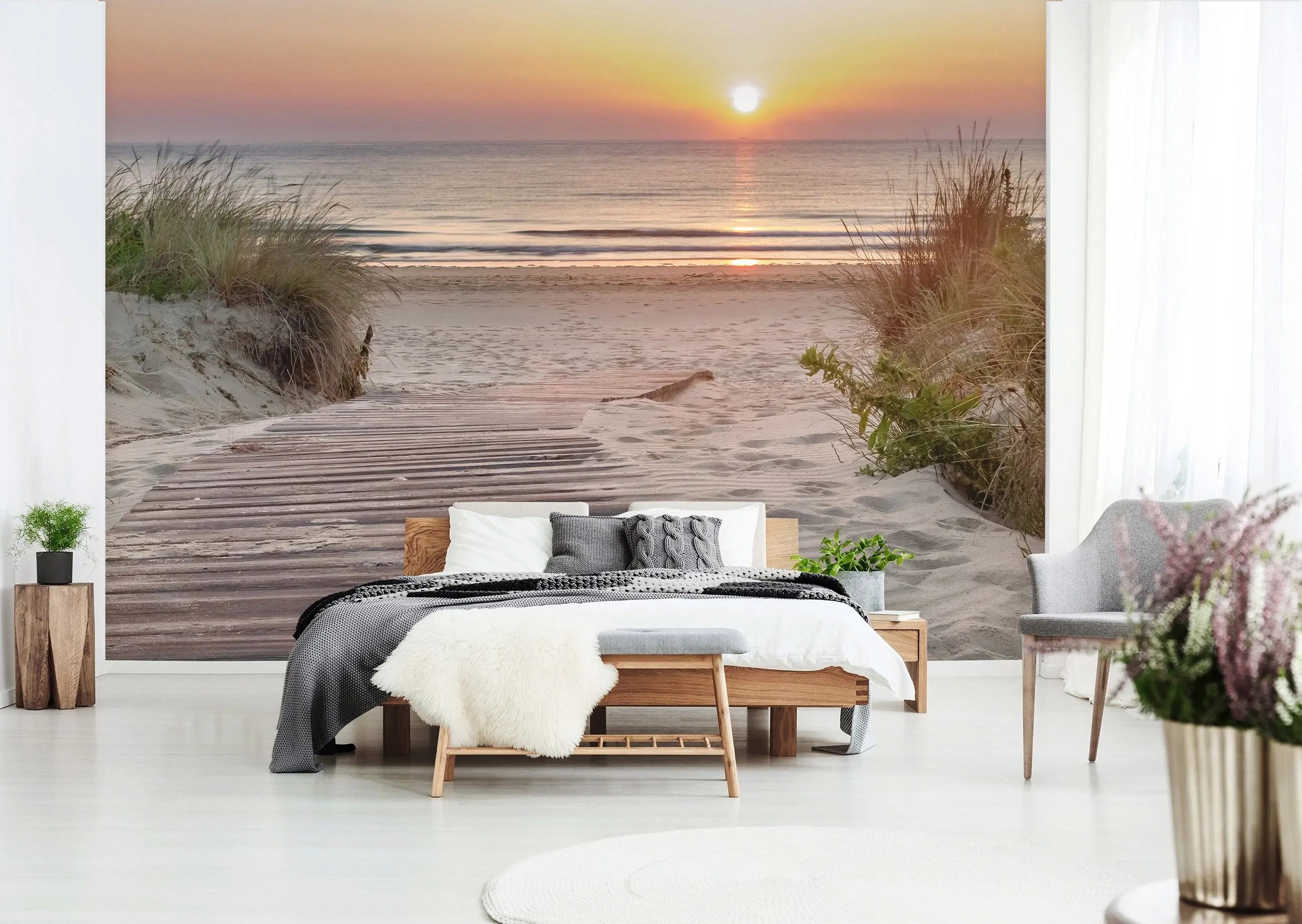 Billede 9 af Fototapet - Solnedgang over sandstrand med gangbro