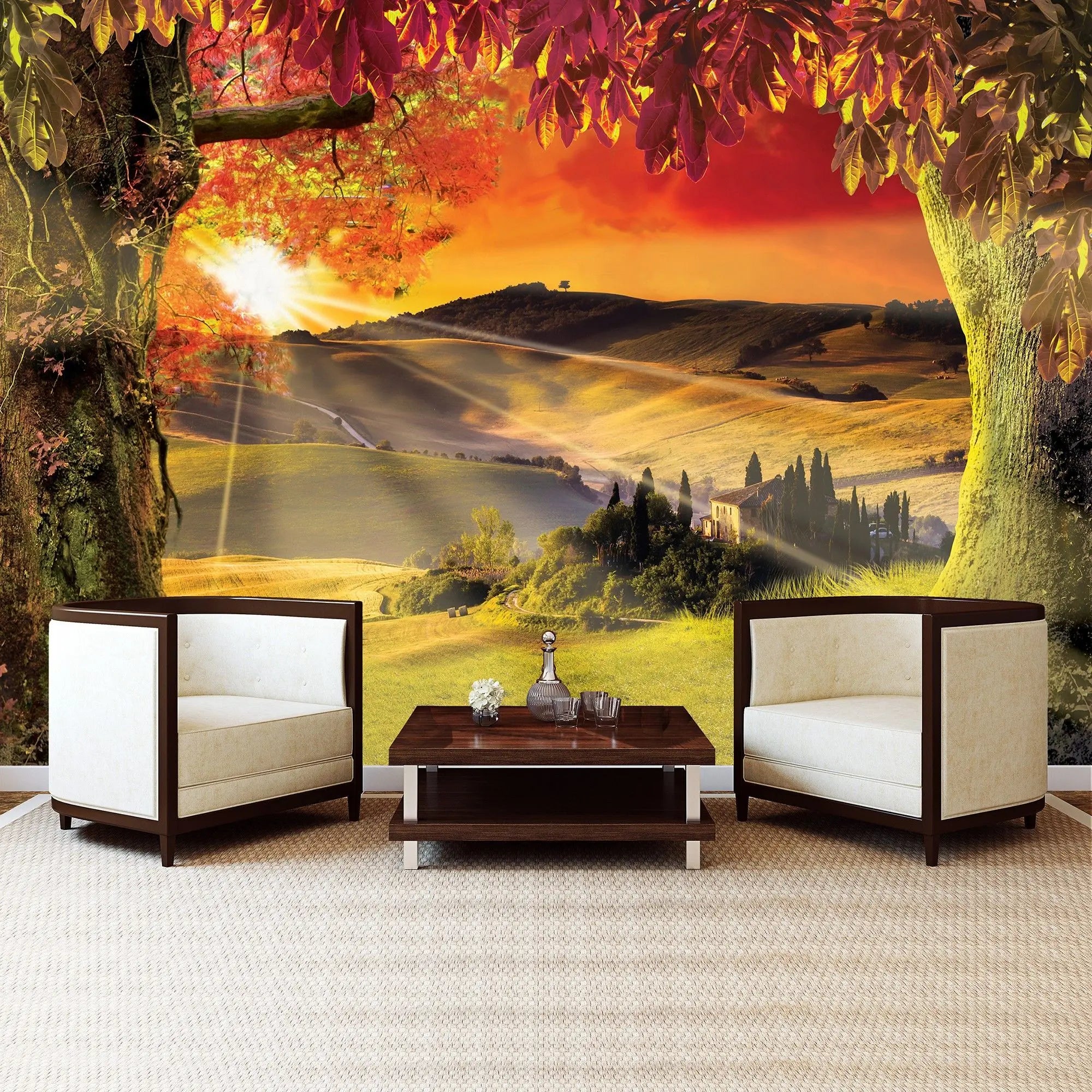 Billede 7 af Fototapet - Solnedgang over toscansk landskab med træer