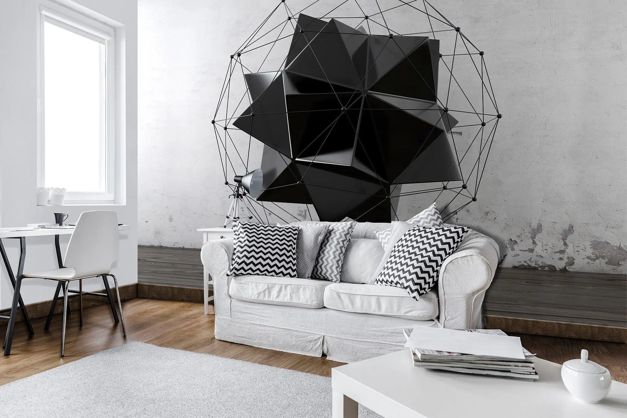 Billede 4 af Fototapet - Sort geometrisk struktur med metaltråde på grå væg