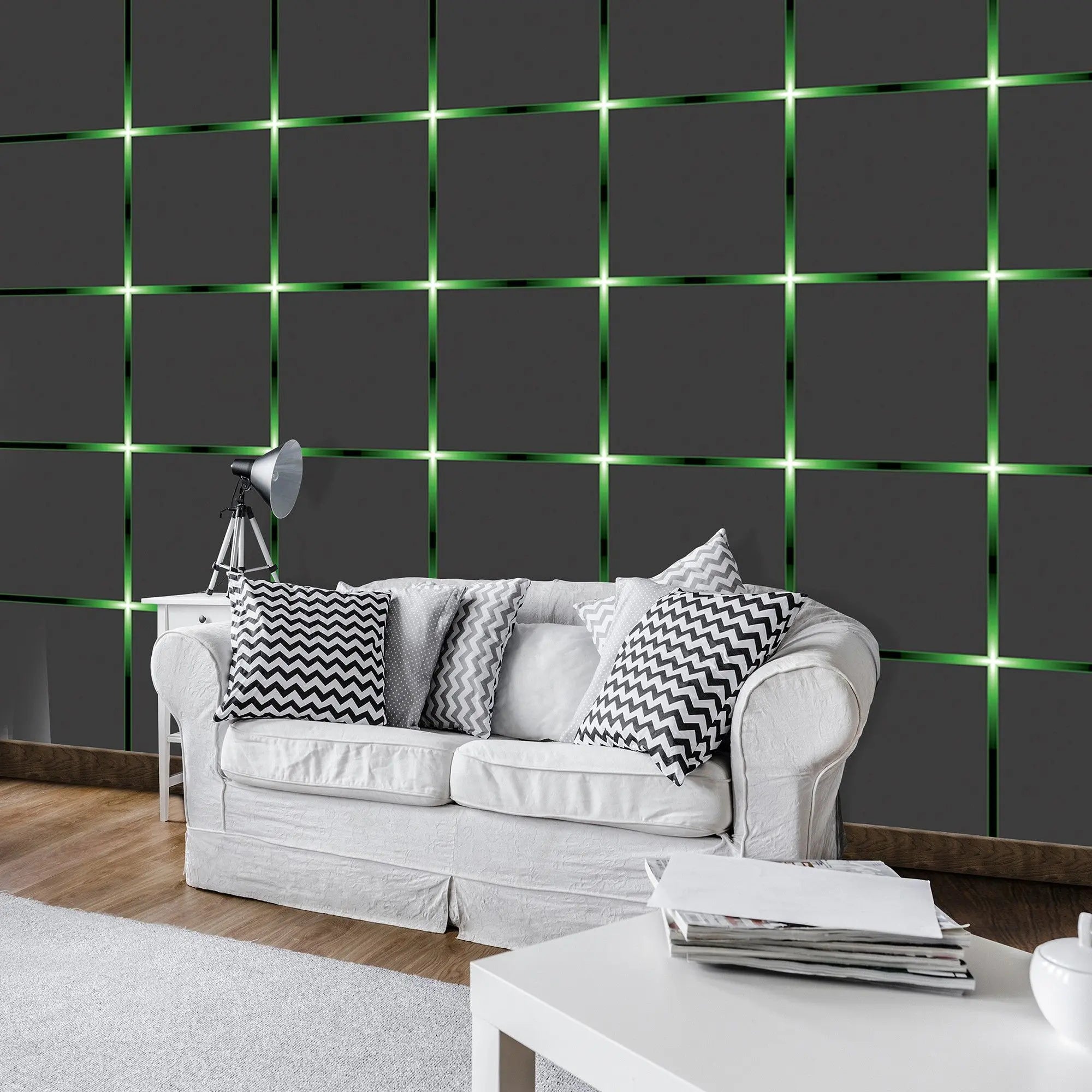 Billede 4 af Fototapet - Sort gitter med grønne lysende krydser
