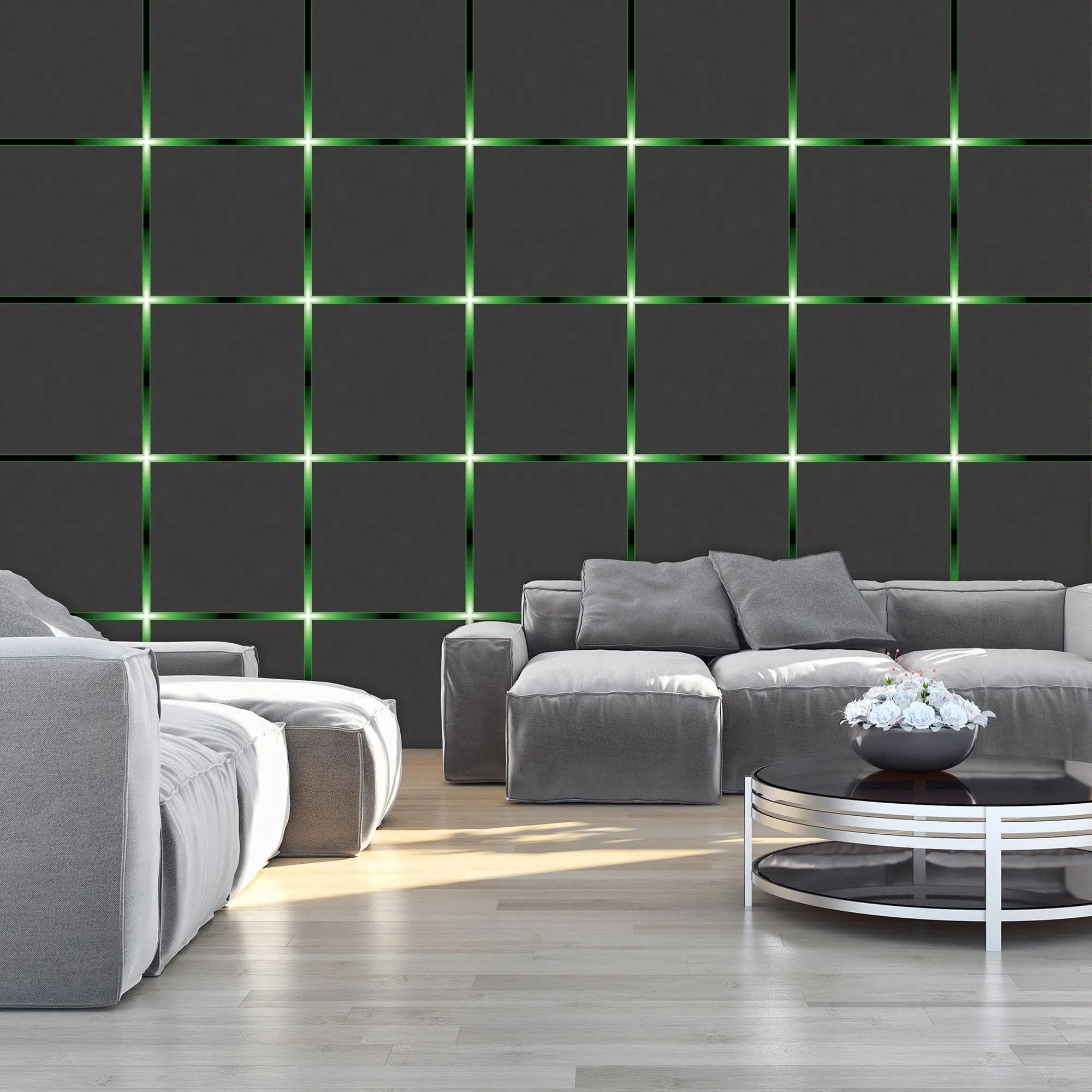 Billede 8 af Fototapet - Sort gitter med grønne lysende krydser