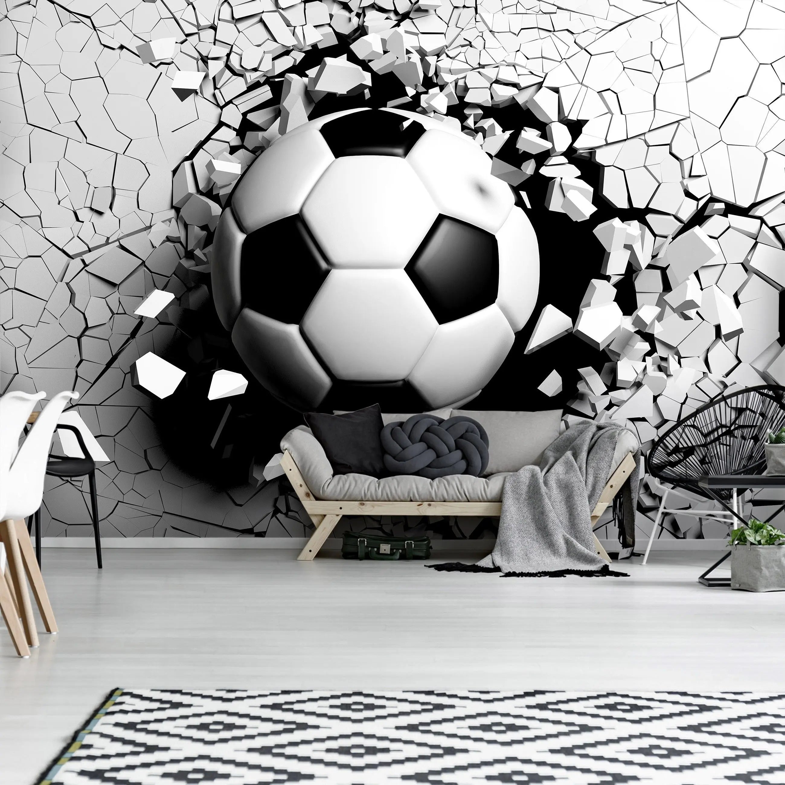 Billede 6 af Fototapet - Sort-hvid fodbold gennem sprækket væg