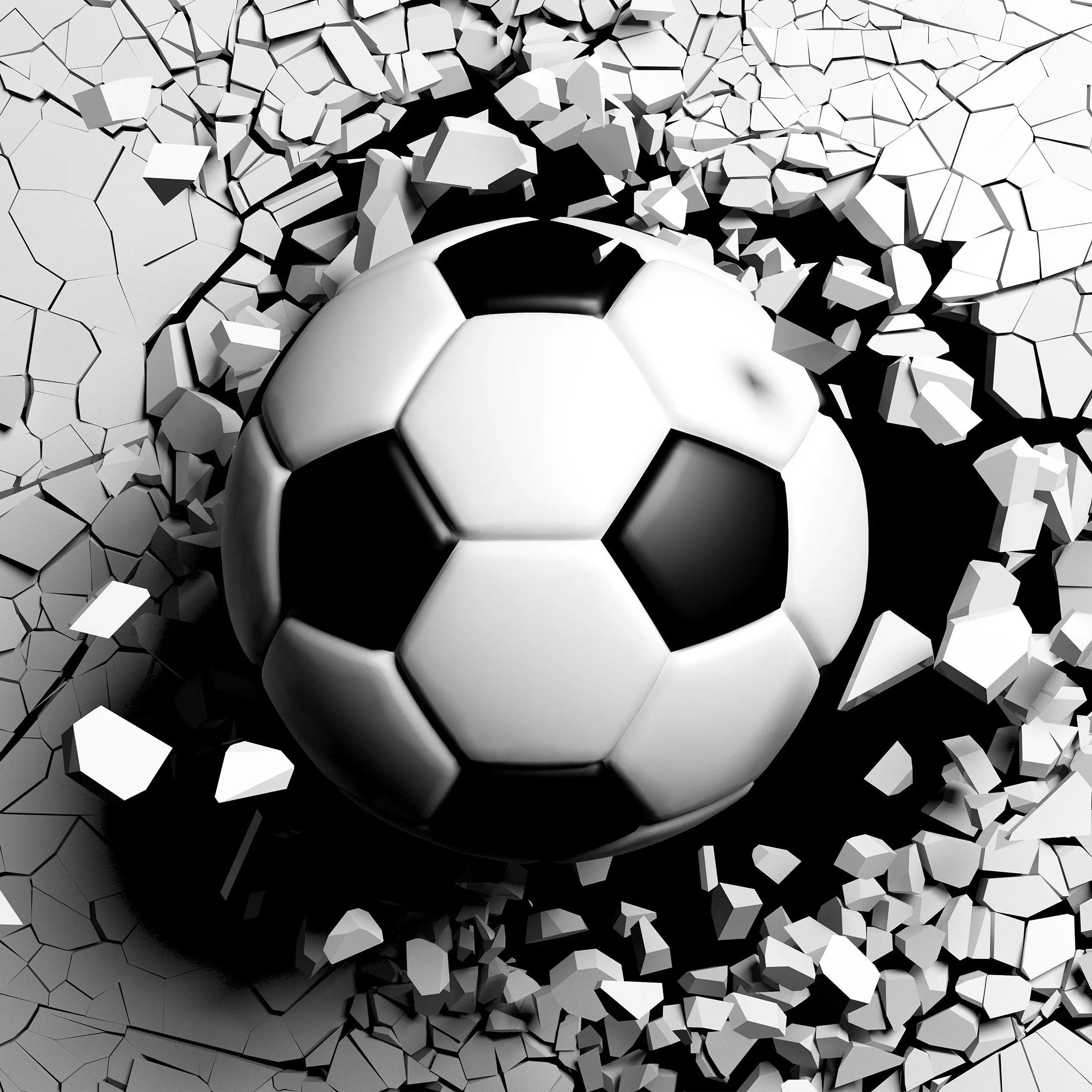 Billede 7 af Fototapet - Sort-hvid fodbold gennem sprækket væg