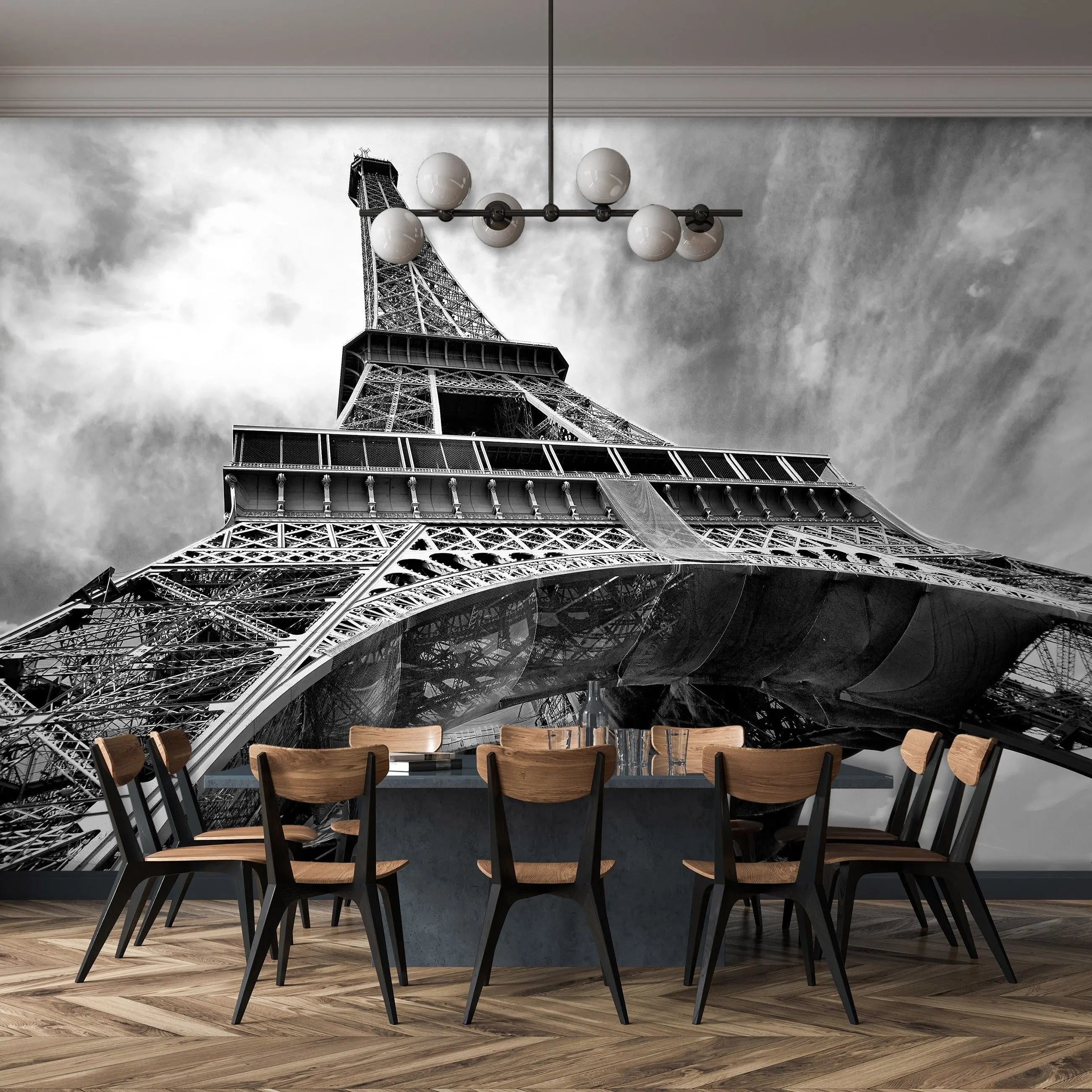 Billede 10 af Fototapet - Sort-hvid foto af Eiffeltårnet set nedefra, Paris