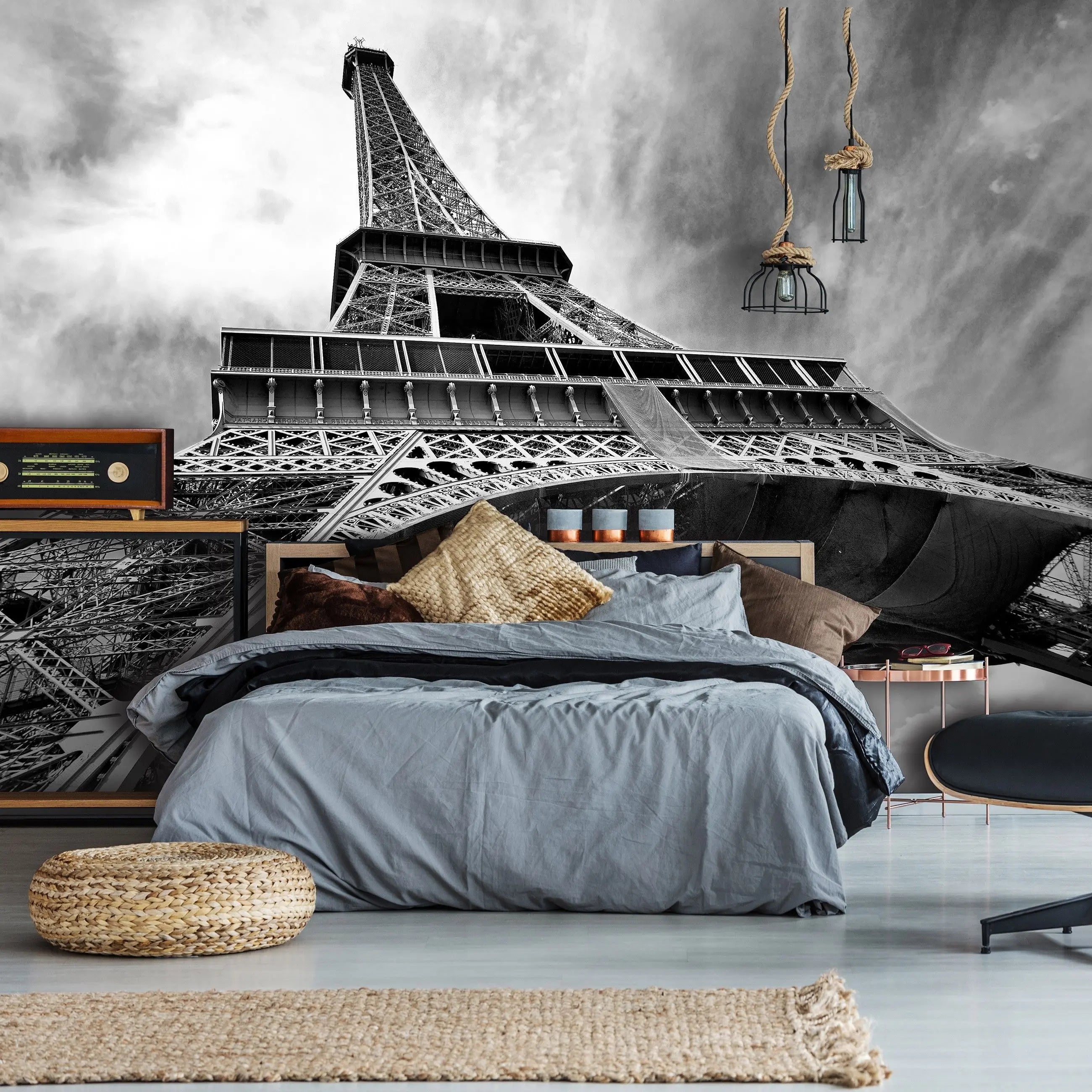 Billede 11 af Fototapet - Sort-hvid foto af Eiffeltårnet set nedefra, Paris