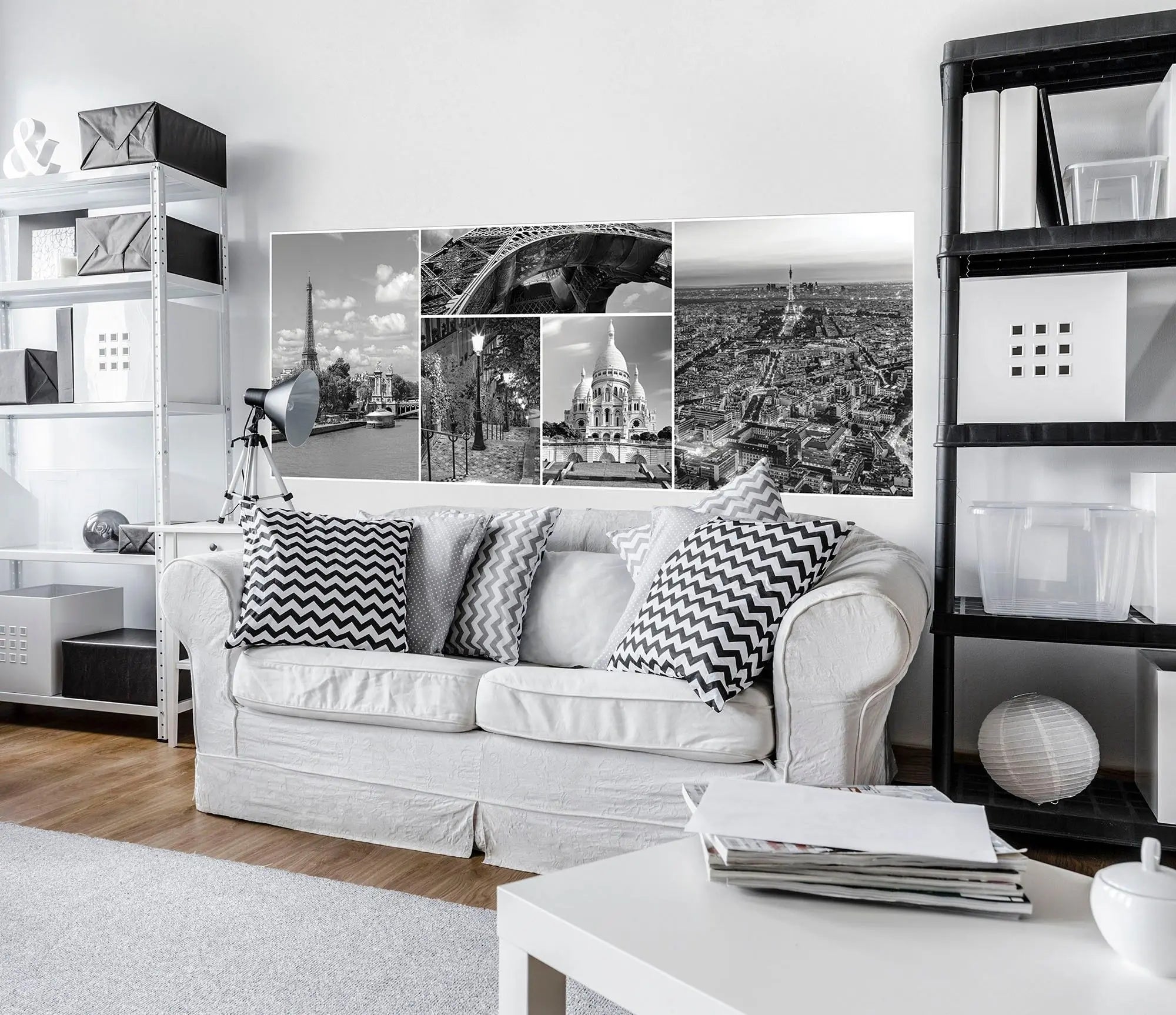 Billede 10 af Fototapet - Sort-hvid fotocollage af Eiffeltårnet og Sacré-Cœur i Paris