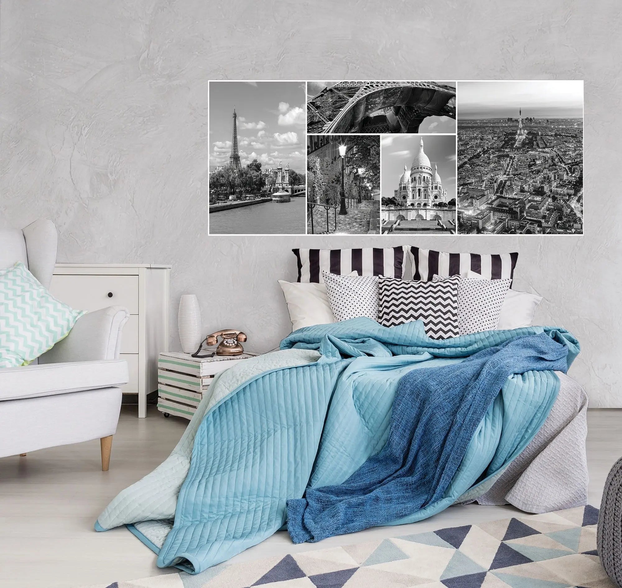 Billede 11 af Fototapet - Sort-hvid fotocollage af Eiffeltårnet og Sacré-Cœur i Paris