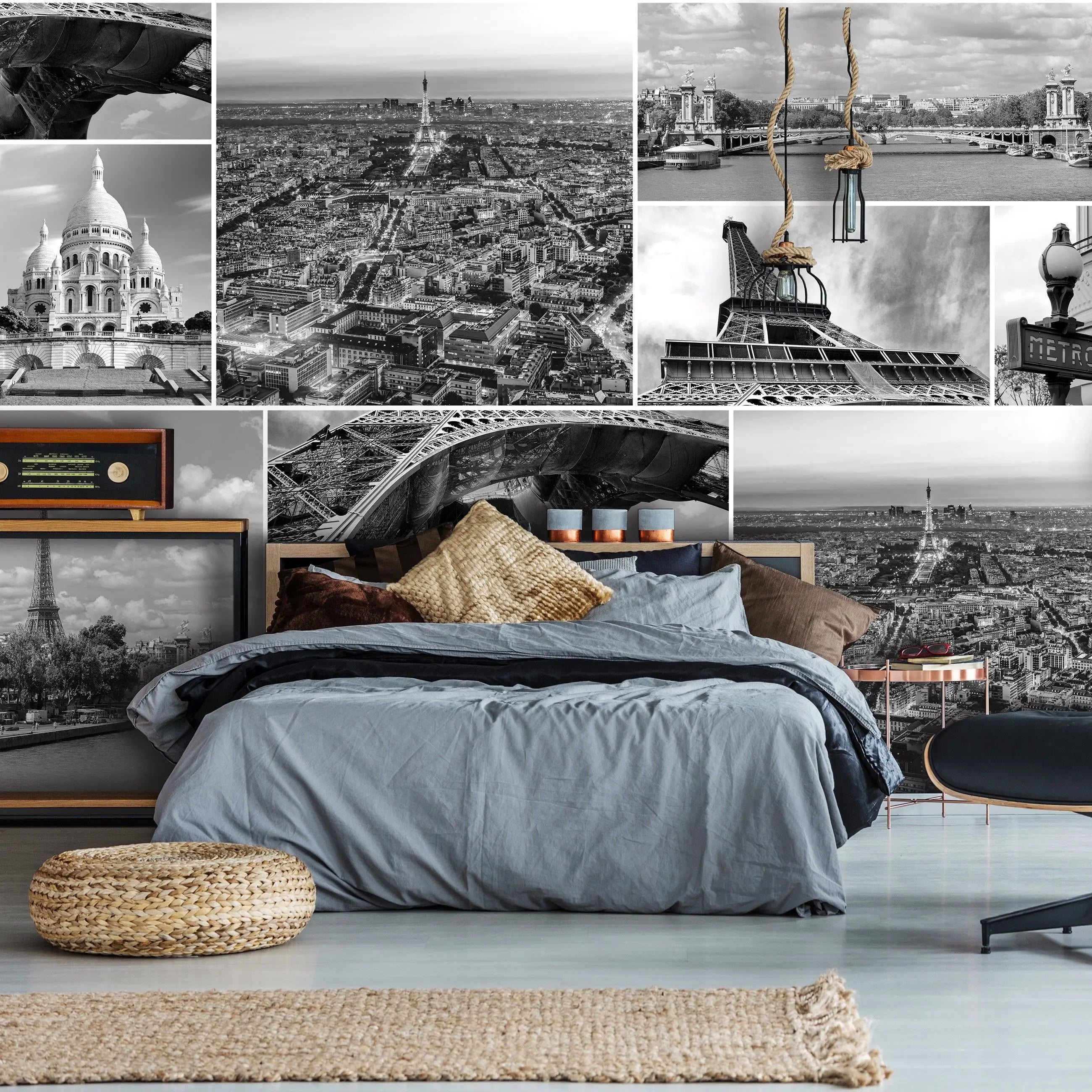 Billede 14 af Fototapet - Sort-hvid fotocollage af Eiffeltårnet og Sacré-Cœur i Paris
