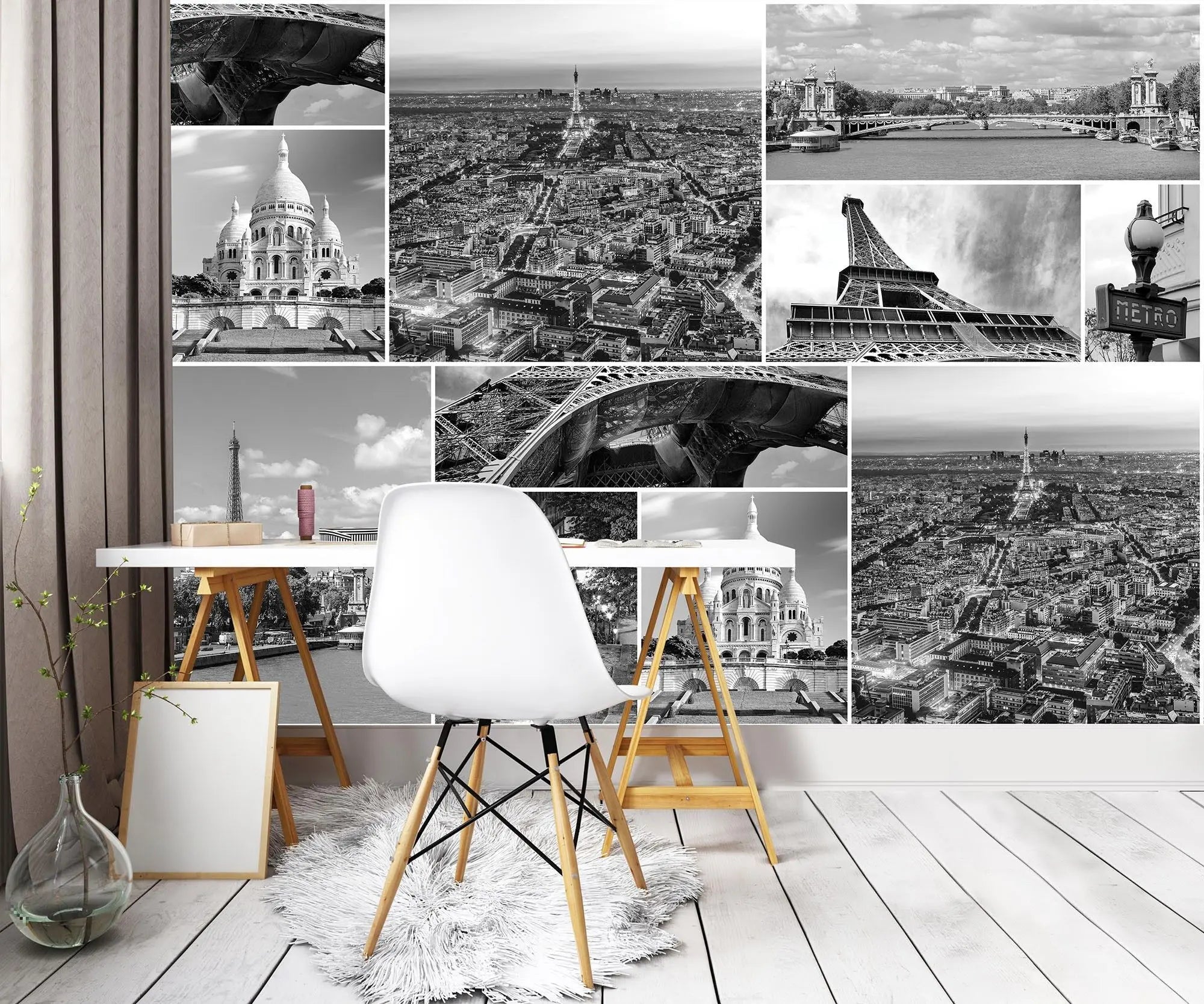 Billede 6 af Fototapet - Sort-hvid fotocollage af Eiffeltårnet og Sacré-Cœur i Paris