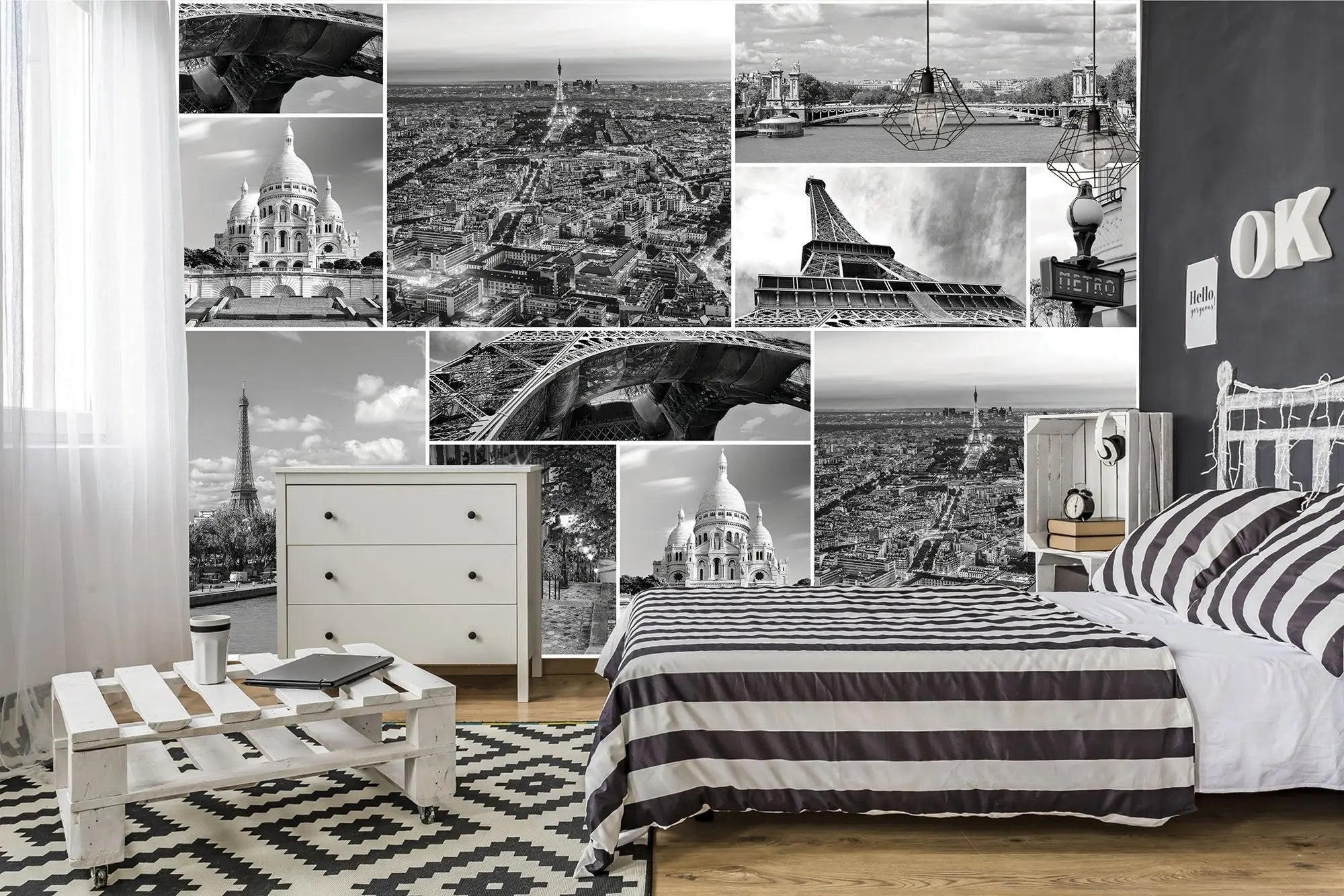 Billede 7 af Fototapet - Sort-hvid fotocollage af Eiffeltårnet og Sacré-Cœur i Paris