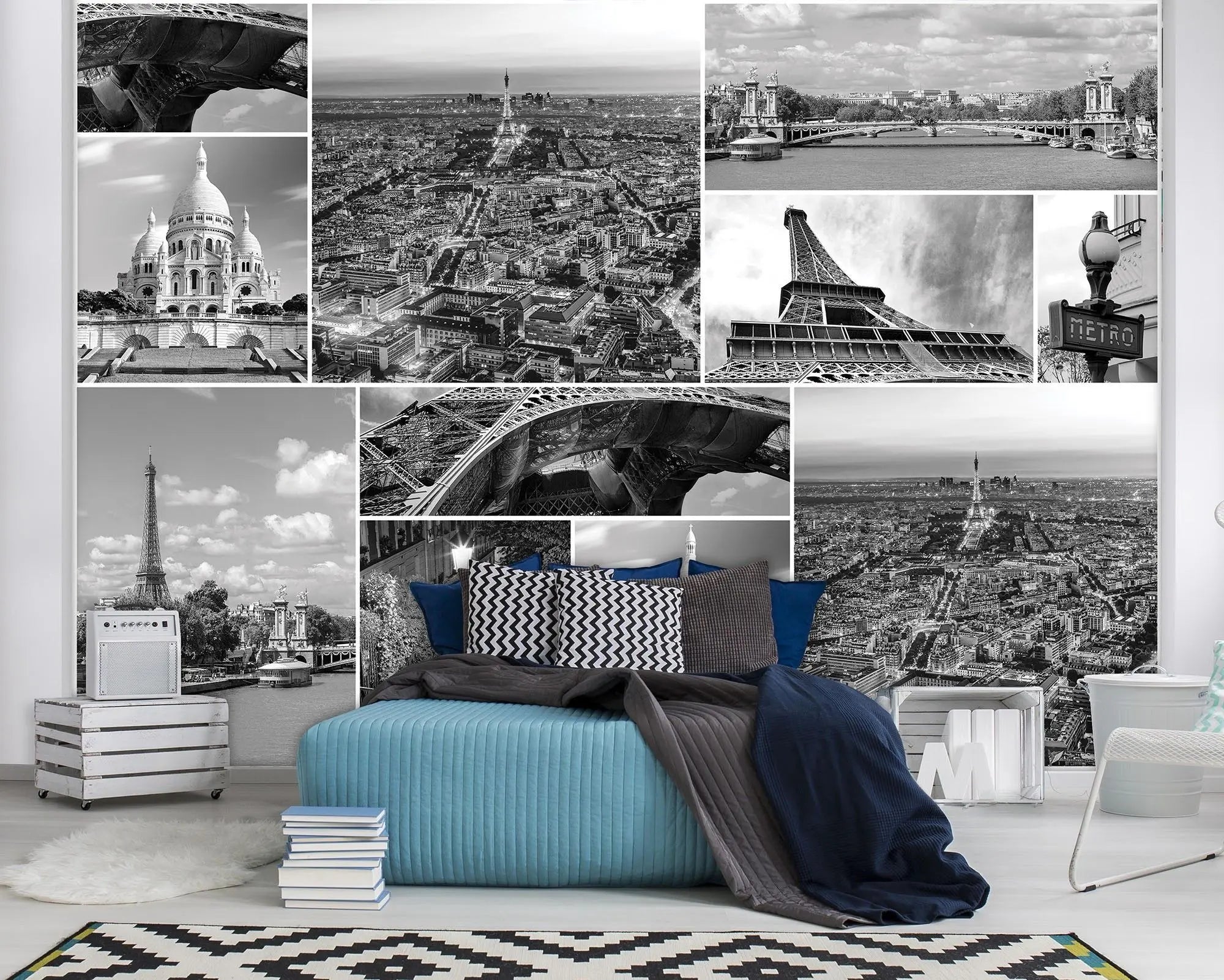 Billede 8 af Fototapet - Sort-hvid fotocollage af Eiffeltårnet og Sacré-Cœur i Paris