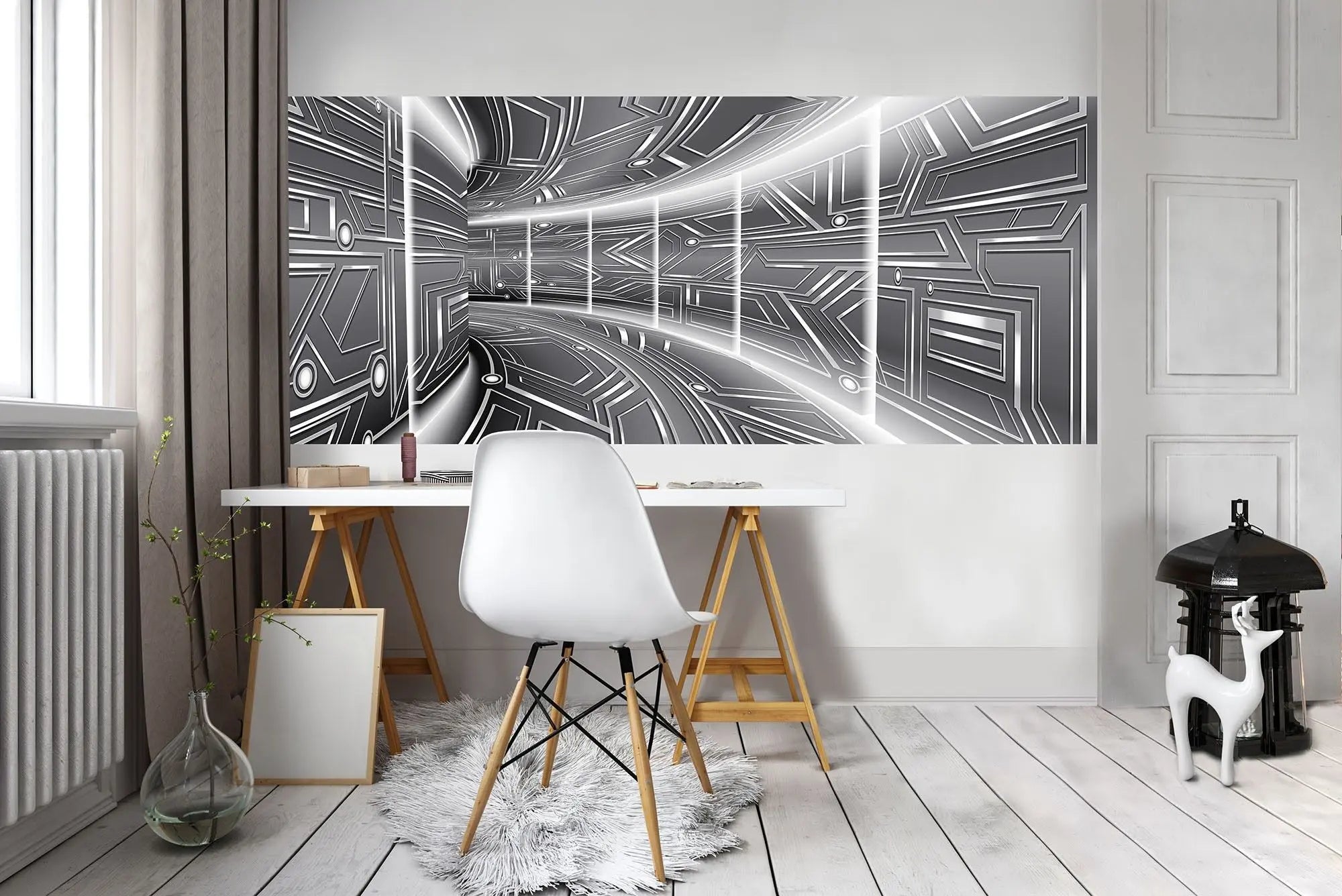 Billede 10 af Fototapet - Sort-hvid futuristisk mønstret korridor