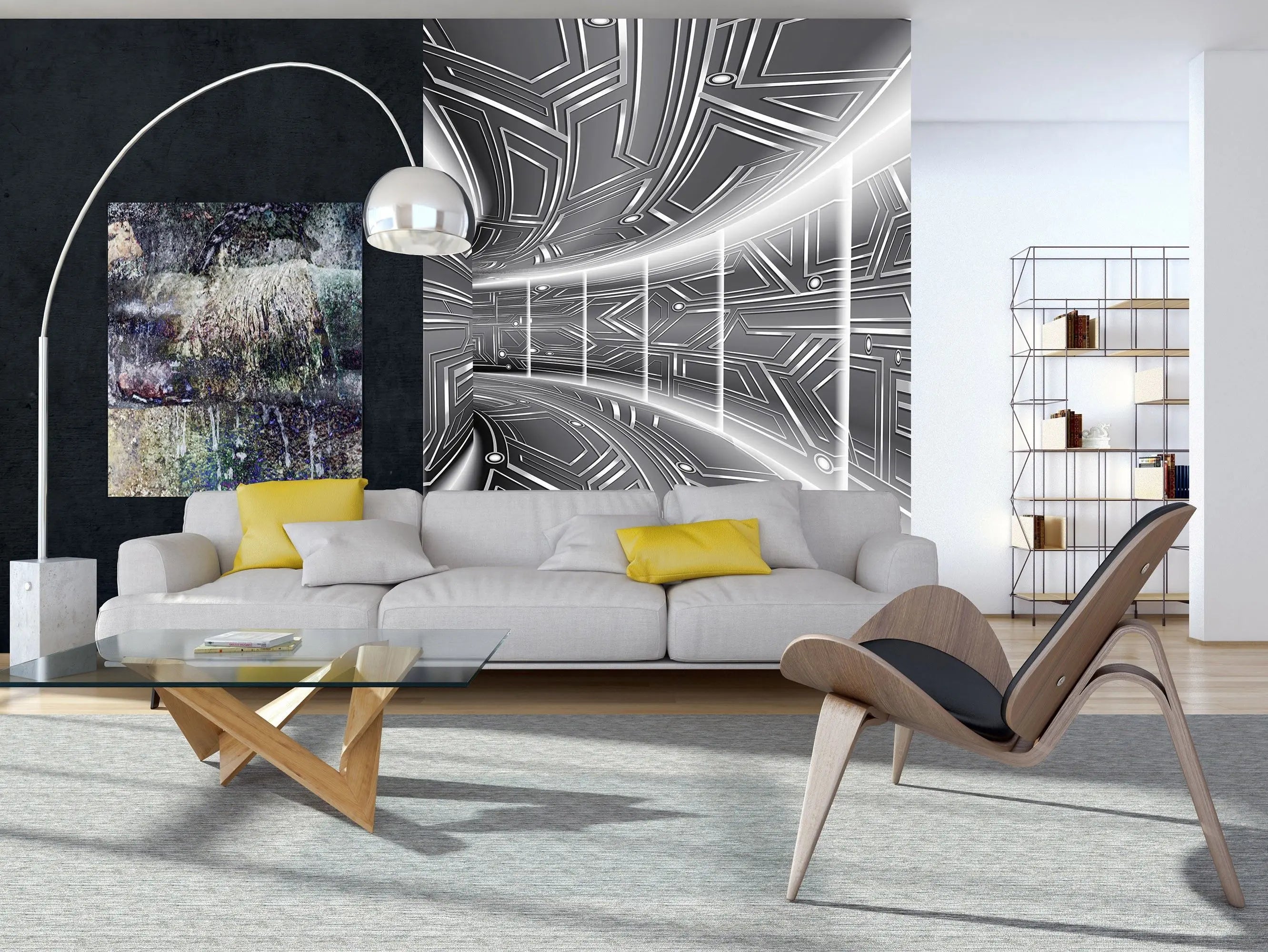 Billede 5 af Fototapet - Sort-hvid futuristisk mønstret korridor