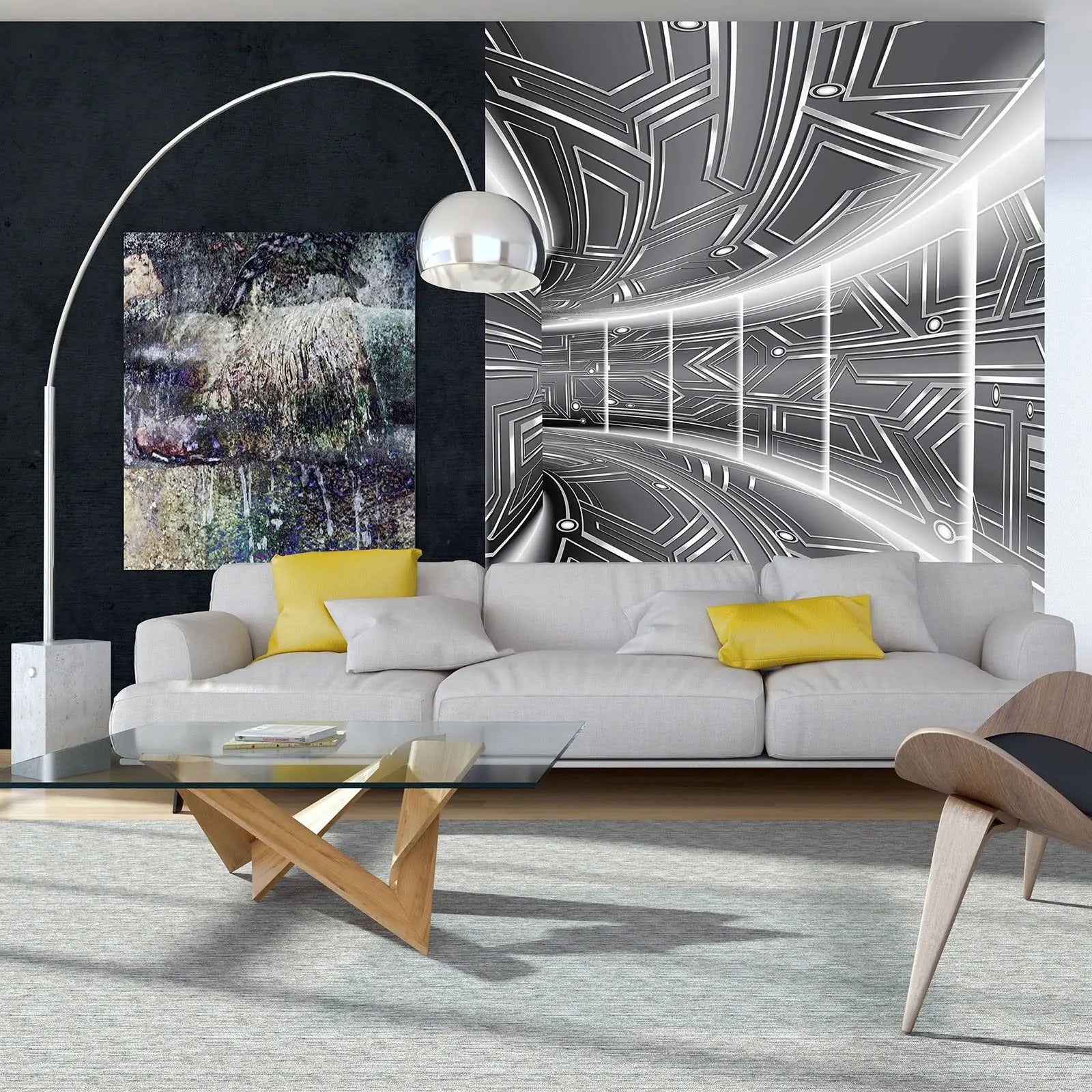 Billede 6 af Fototapet - Sort-hvid futuristisk mønstret korridor