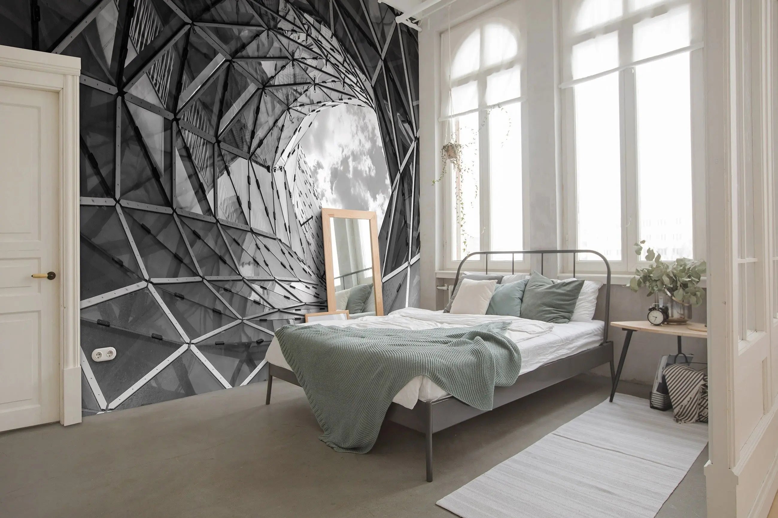 Billede 5 af Fototapet - Sort-hvid geometrisk glasstruktur med skyer