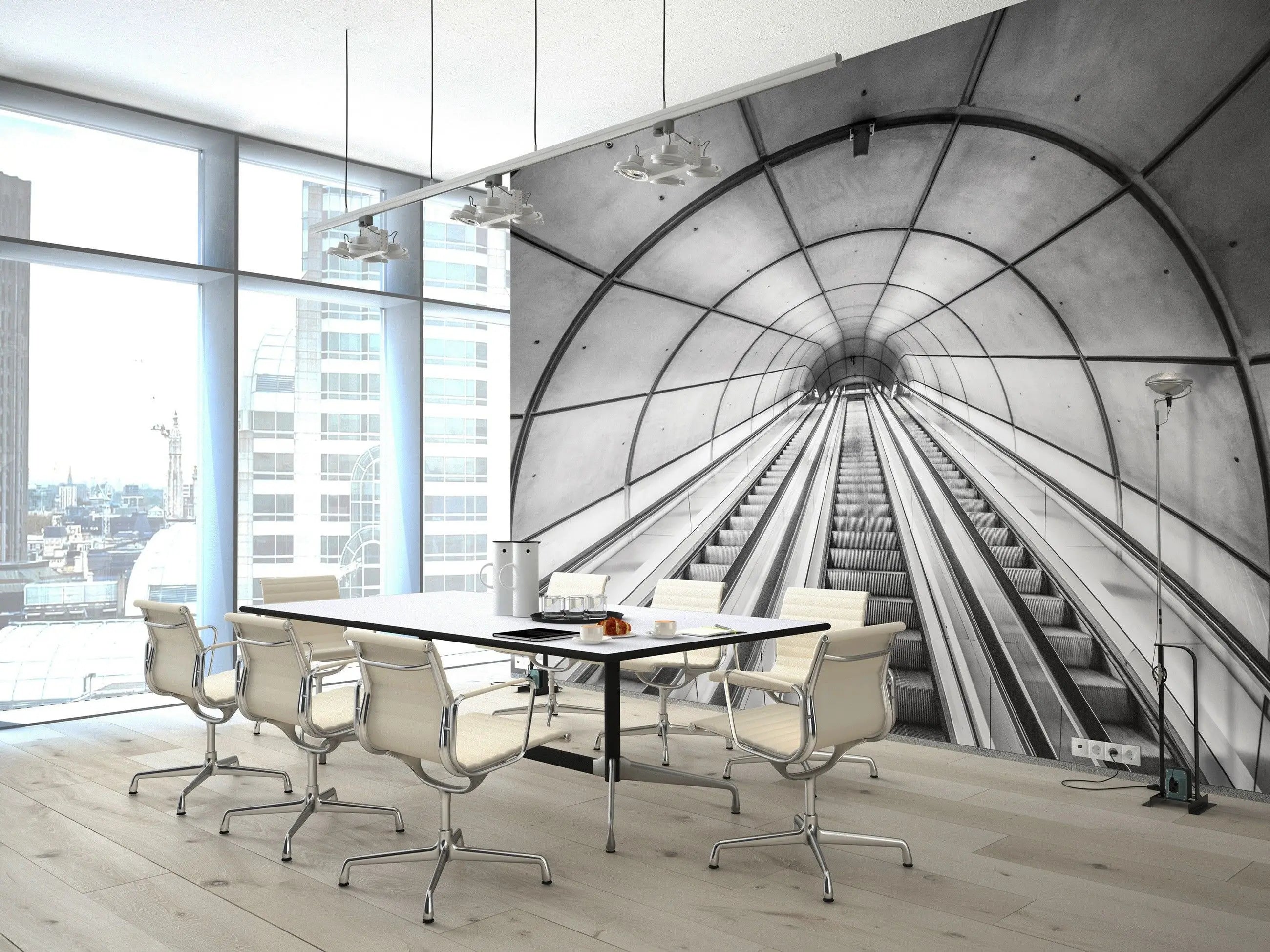 Billede 4 af Fototapet - Sort-hvid rulletrappe i tunnel