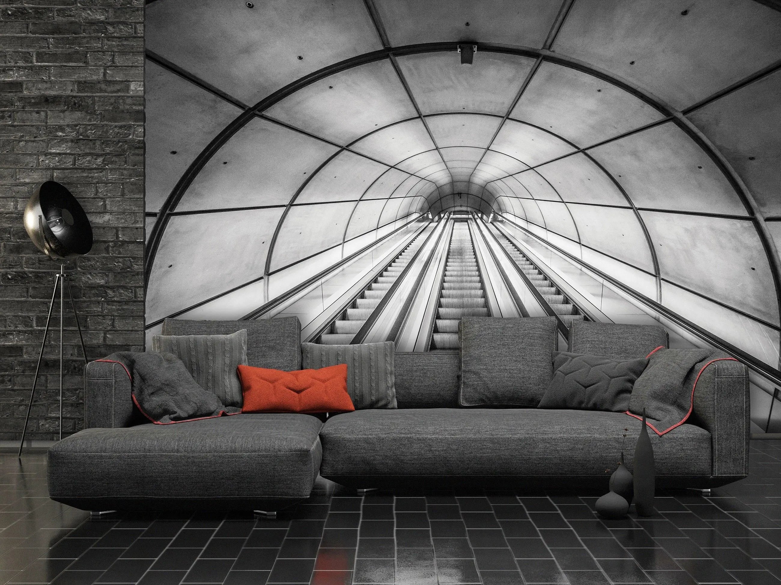 Billede 5 af Fototapet - Sort-hvid rulletrappe i tunnel