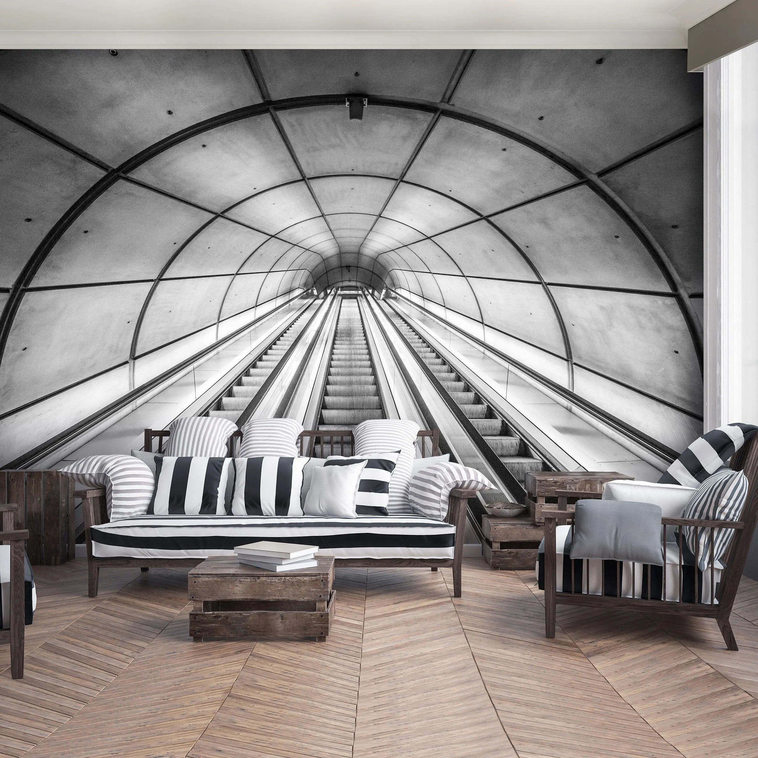 Billede 6 af Fototapet - Sort-hvid rulletrappe i tunnel
