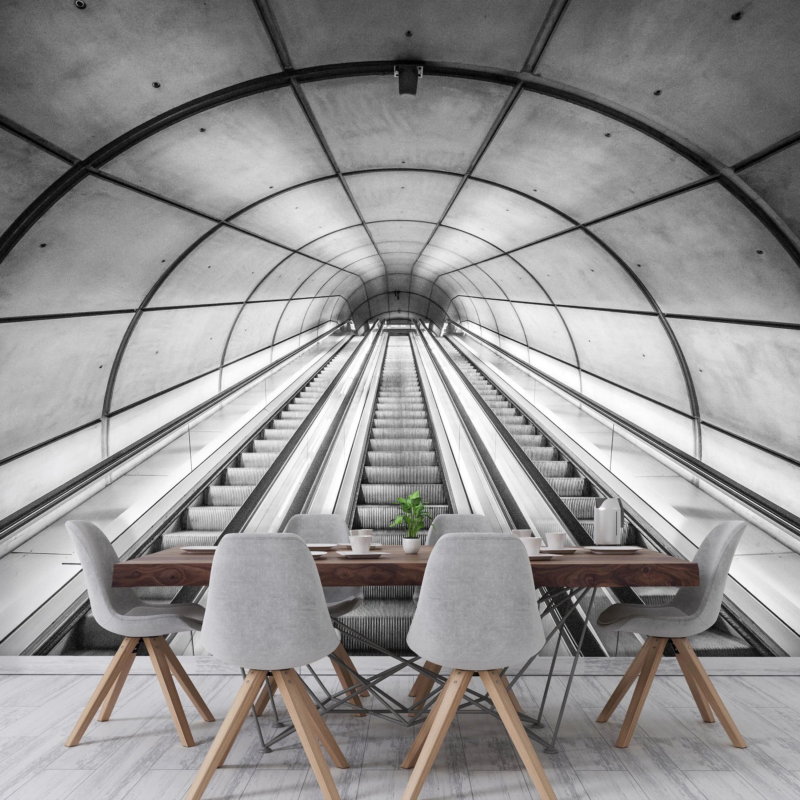 Billede 7 af Fototapet - Sort-hvid rulletrappe i tunnel