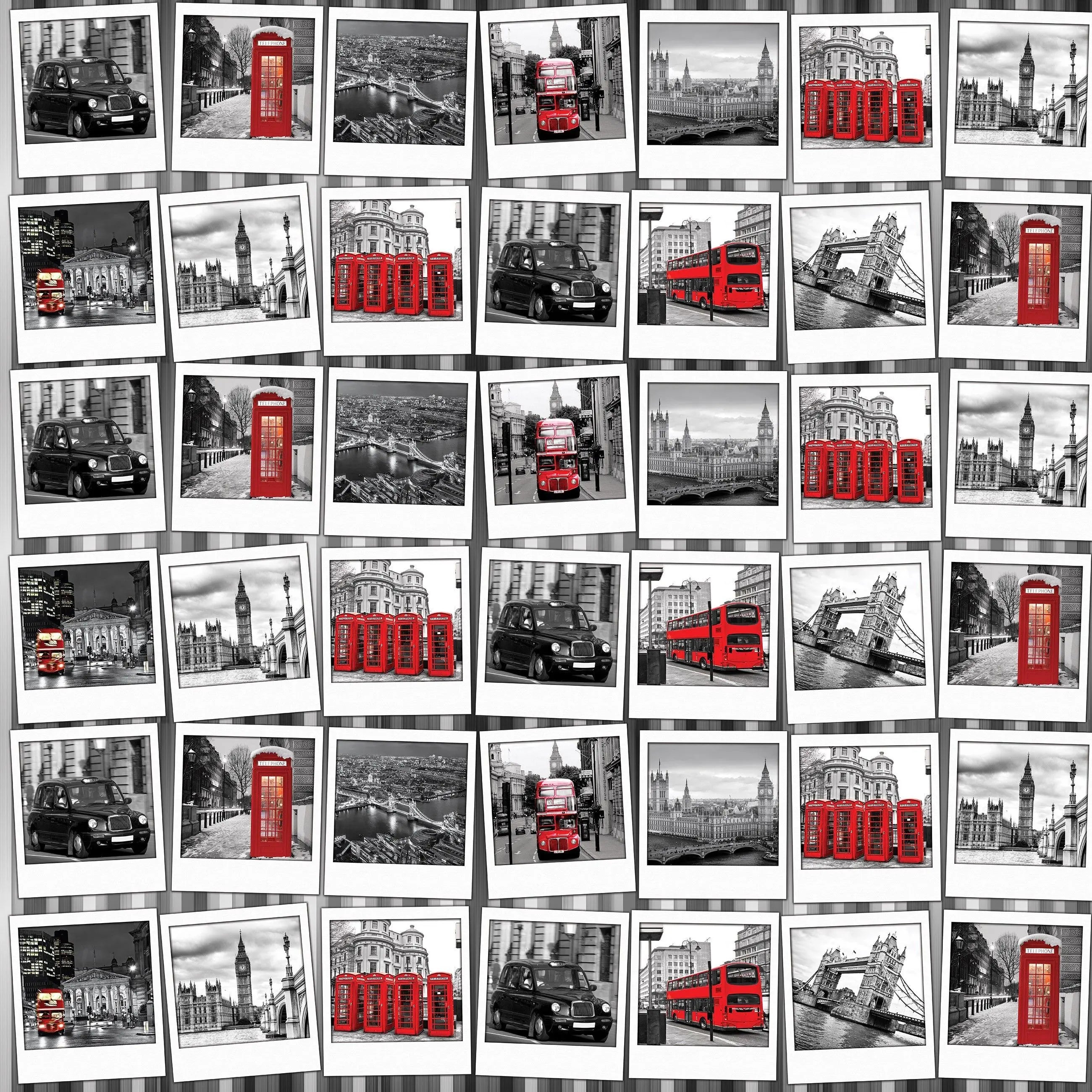 Billede 15 af Fototapet - Sort-hvide billeder af Londons vartegn med røde busser og telefonbokse