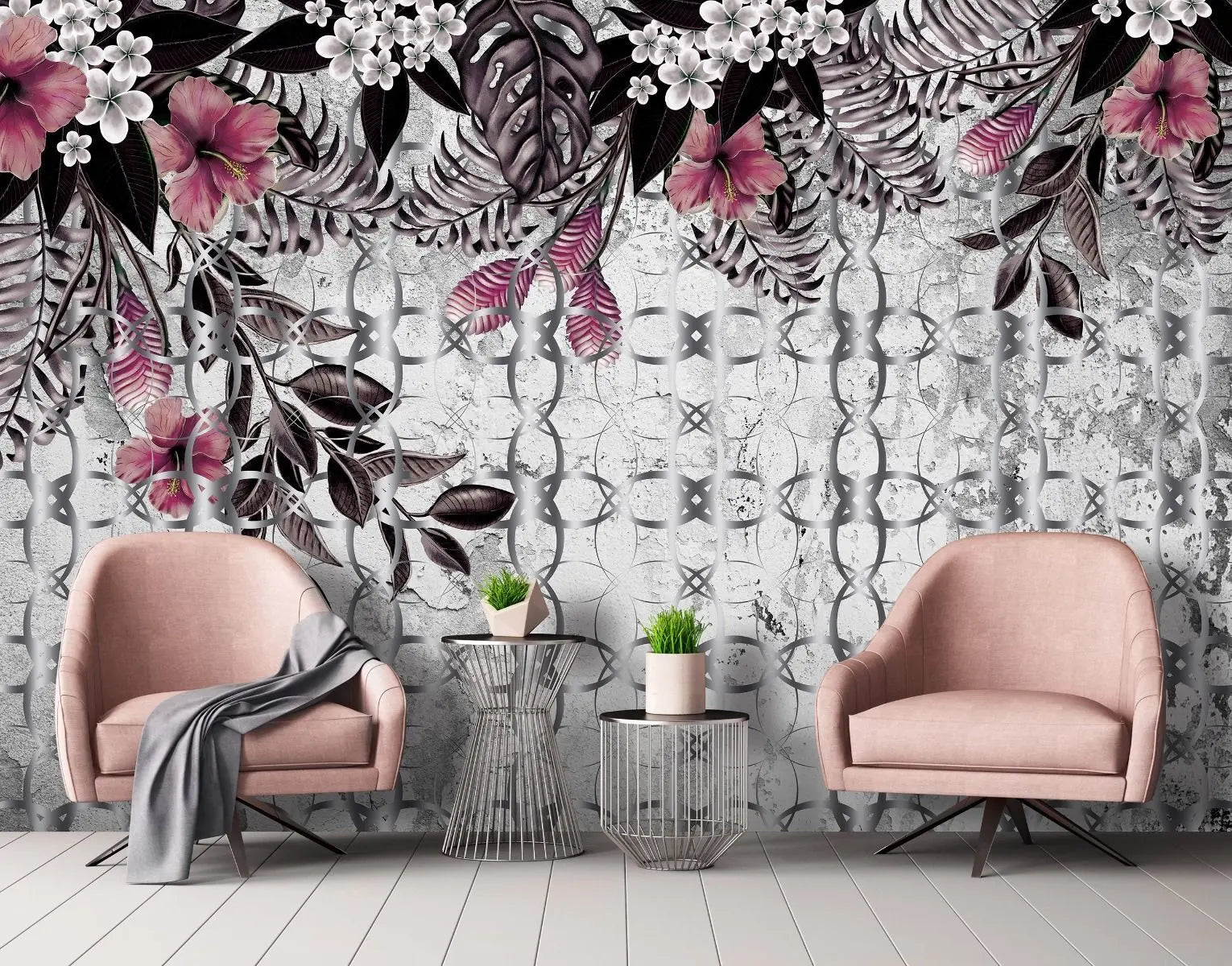 Billede 4 af Fototapet - Sort-hvide blade og lyserøde blomster med mønstret baggrund