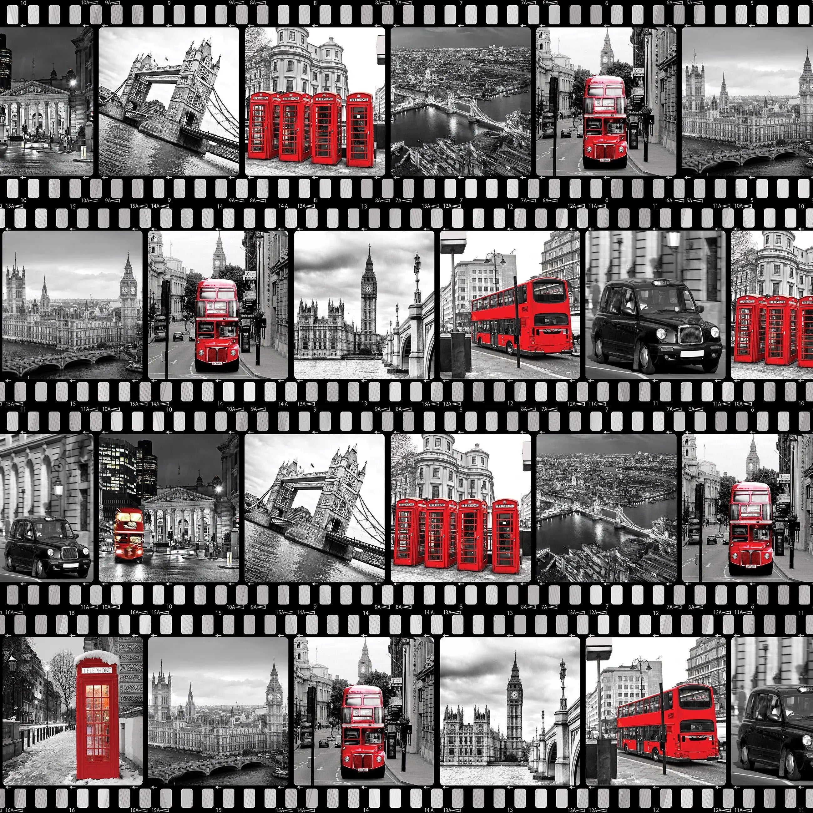 Billede 17 af Fototapet - Sort-hvide fotografier med røde London-busser og telefonbokse