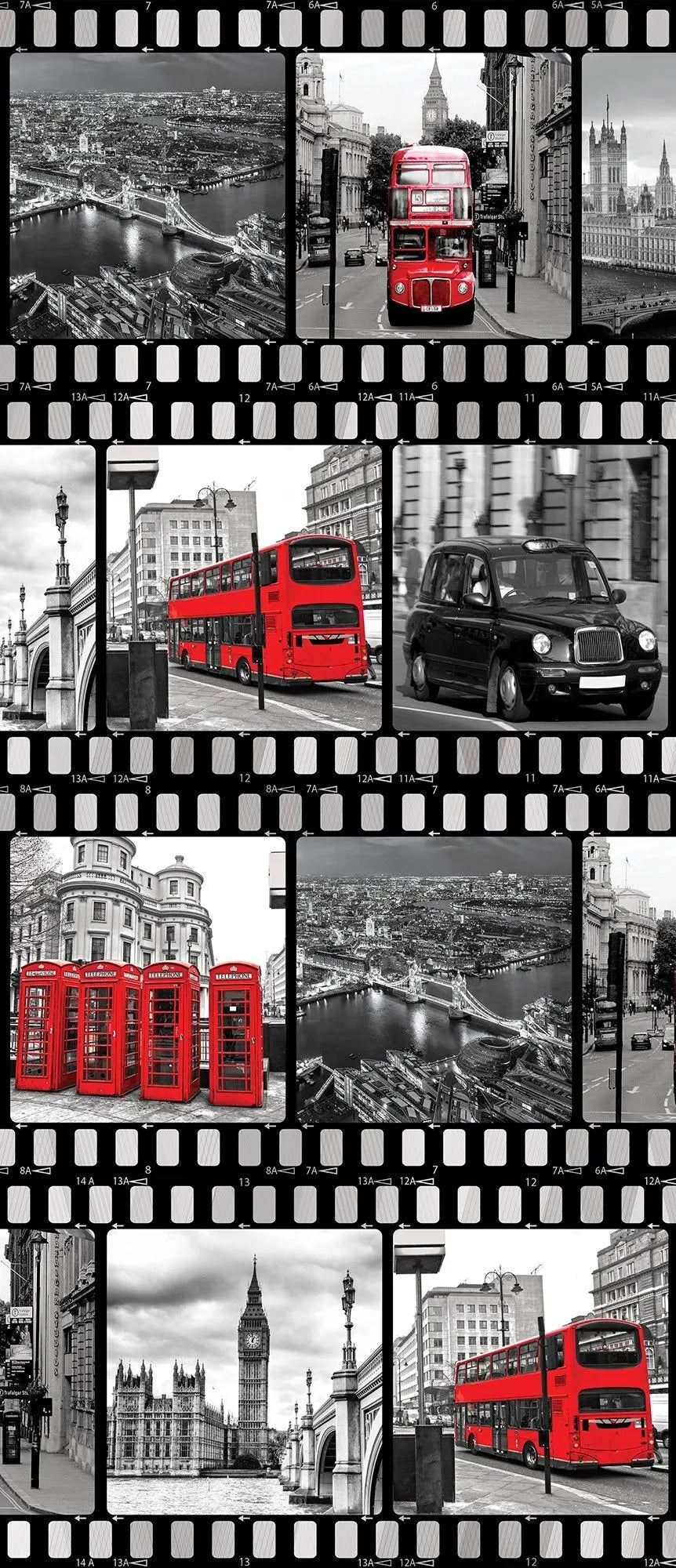 Billede 18 af Fototapet - Sort-hvide fotografier med røde London-busser og telefonbokse