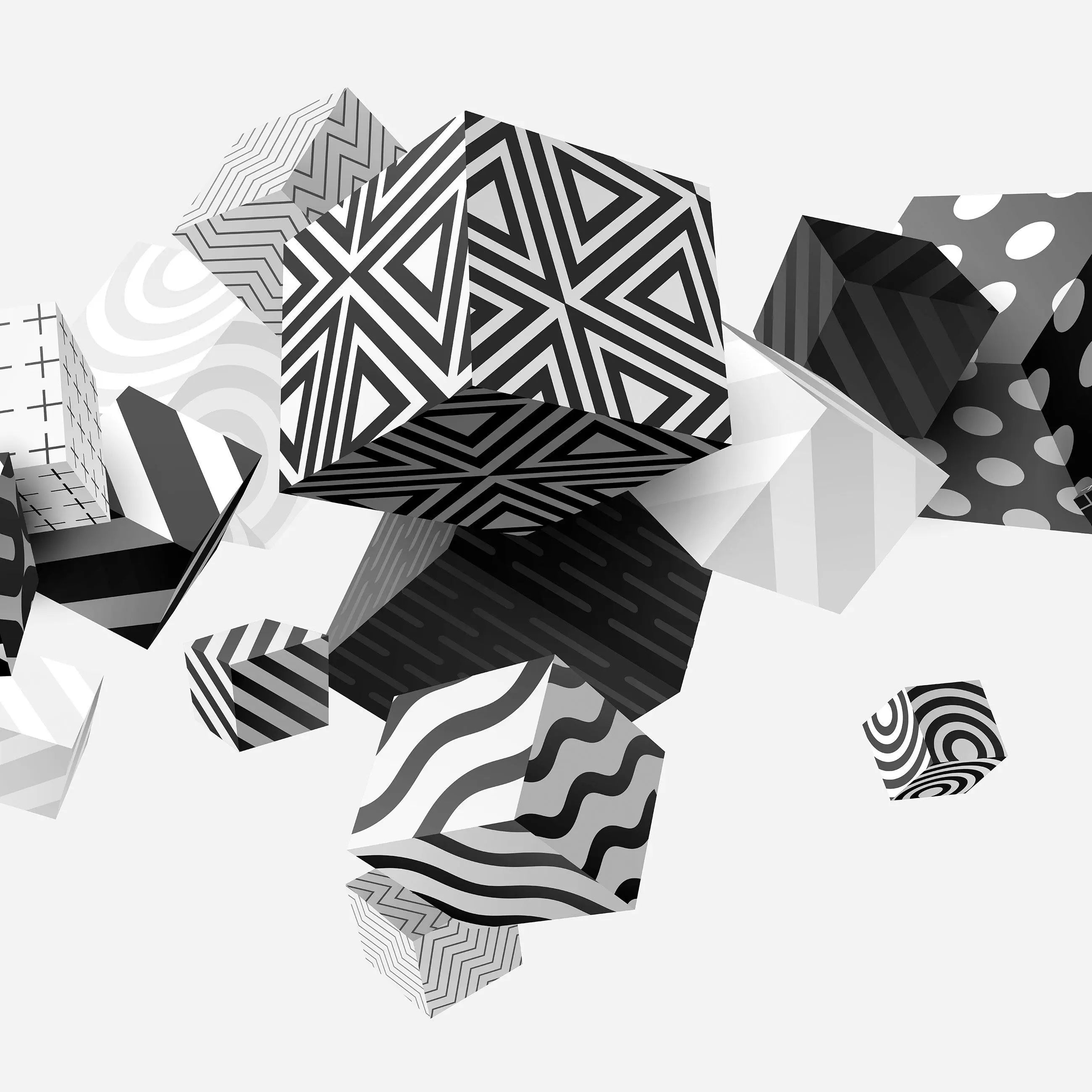 Billede 10 af Fototapet - Sort-hvide geometriske kuber med forskellige mønstre