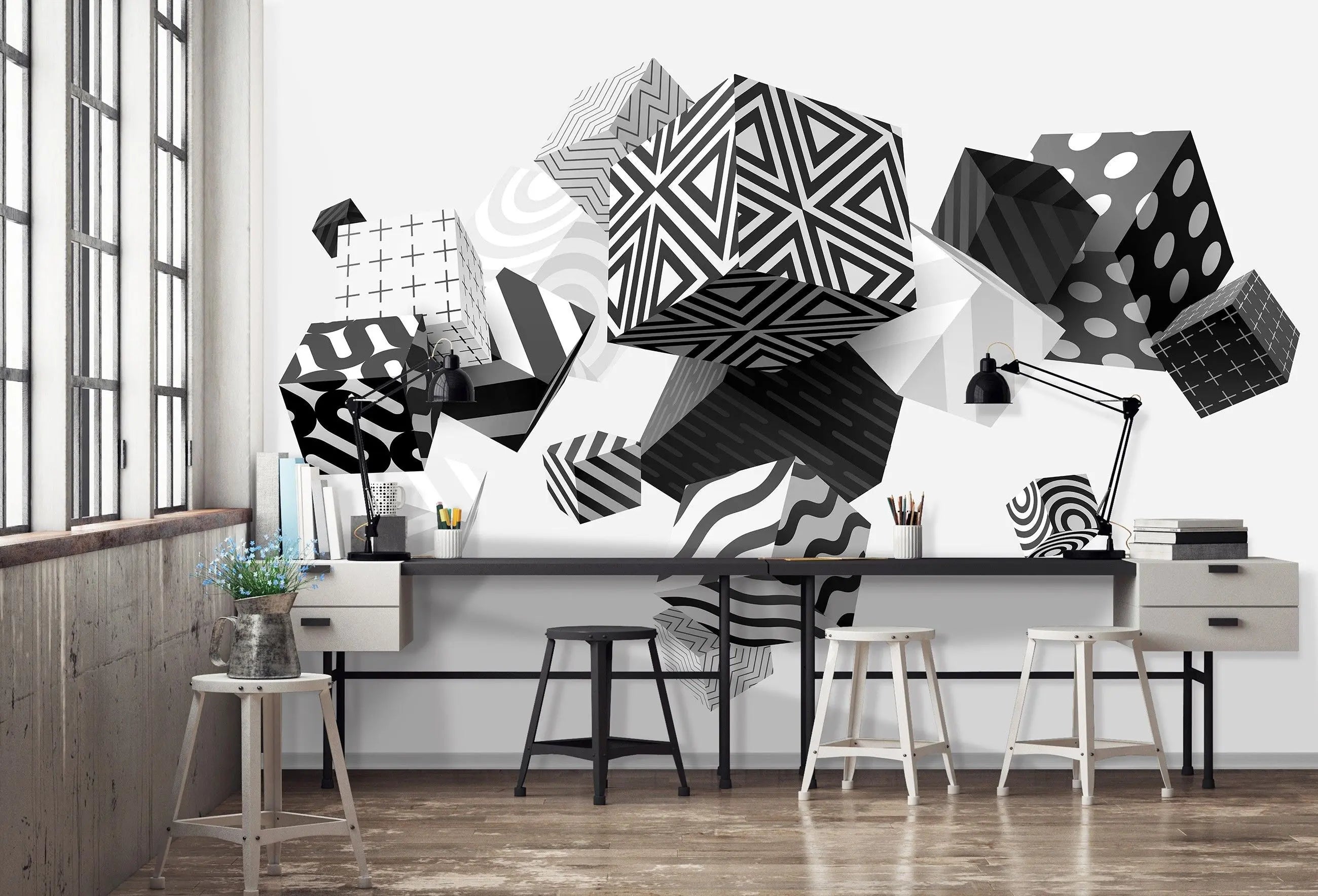 Billede 5 af Fototapet - Sort-hvide geometriske kuber med forskellige mønstre